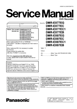 Panasonic dmr ex77eg dmr ex87eg & service manual cover