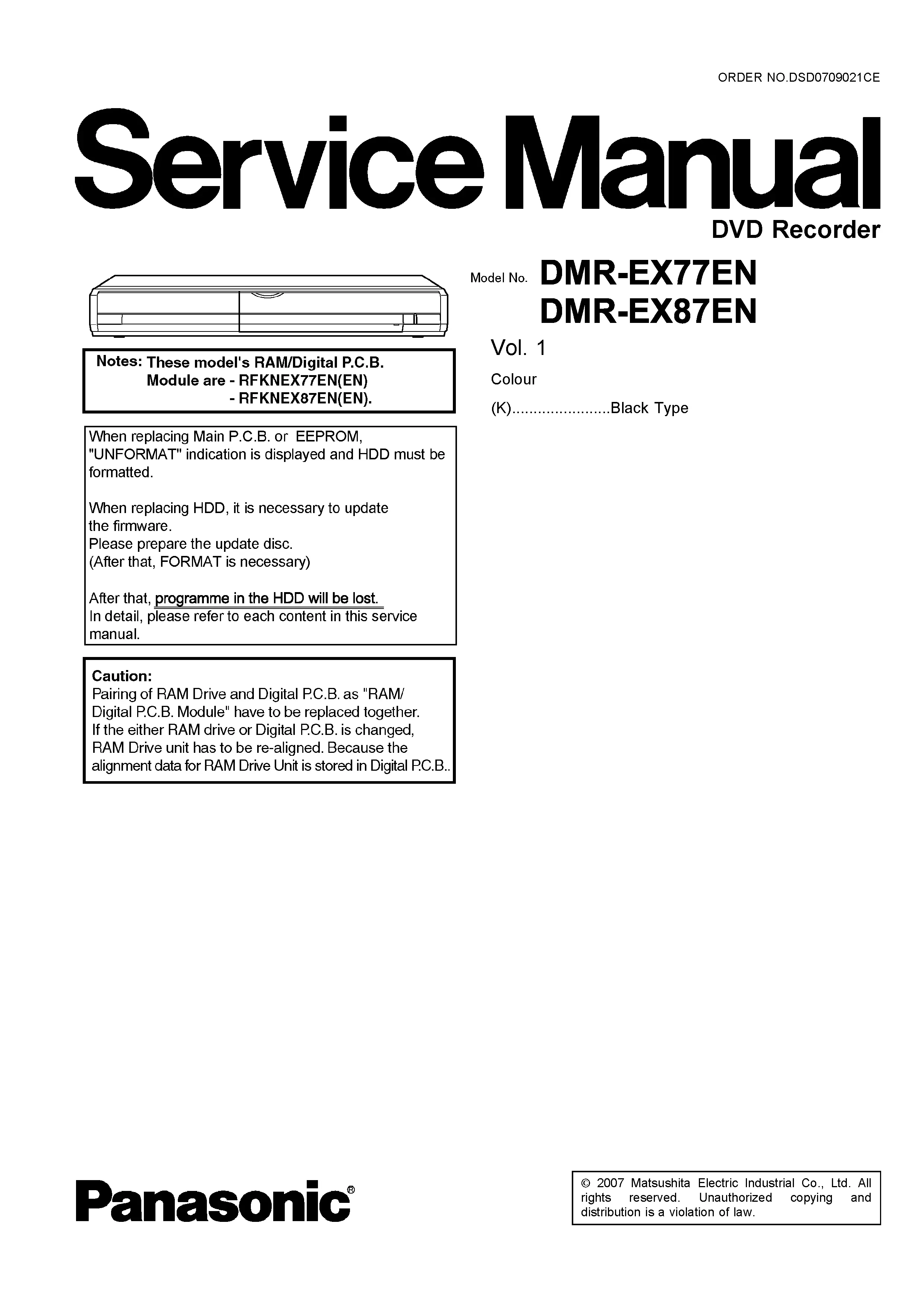 Panasonic dmr ex77en ex87en & service manual cover