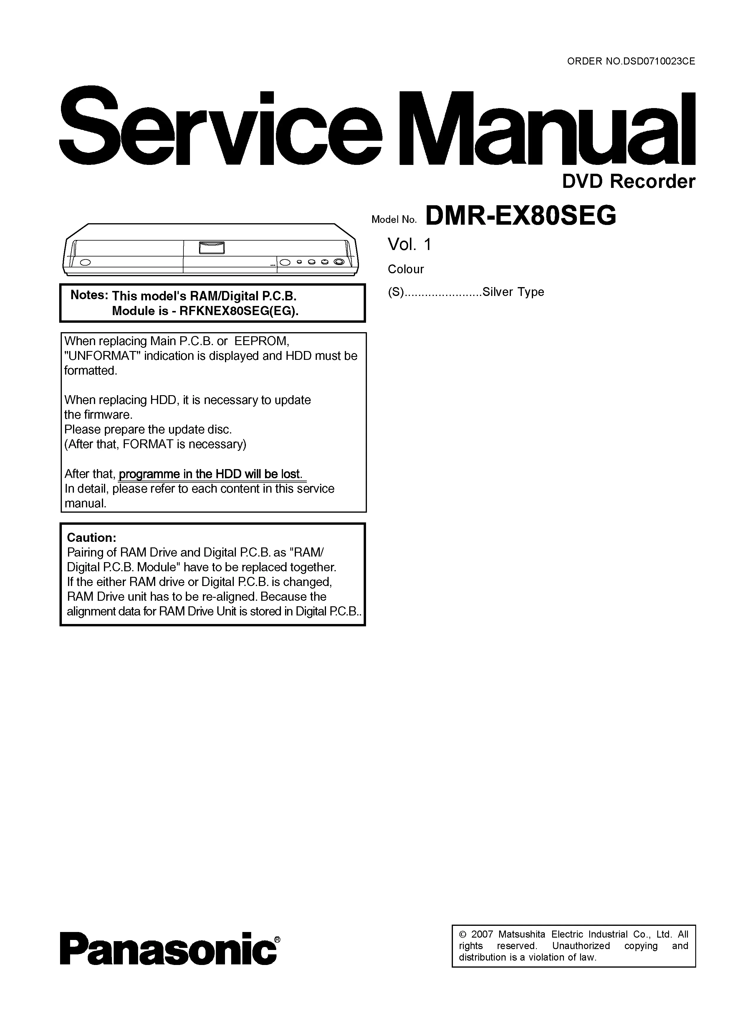 Panasonic dmr ex80s ex80seg service manual cover