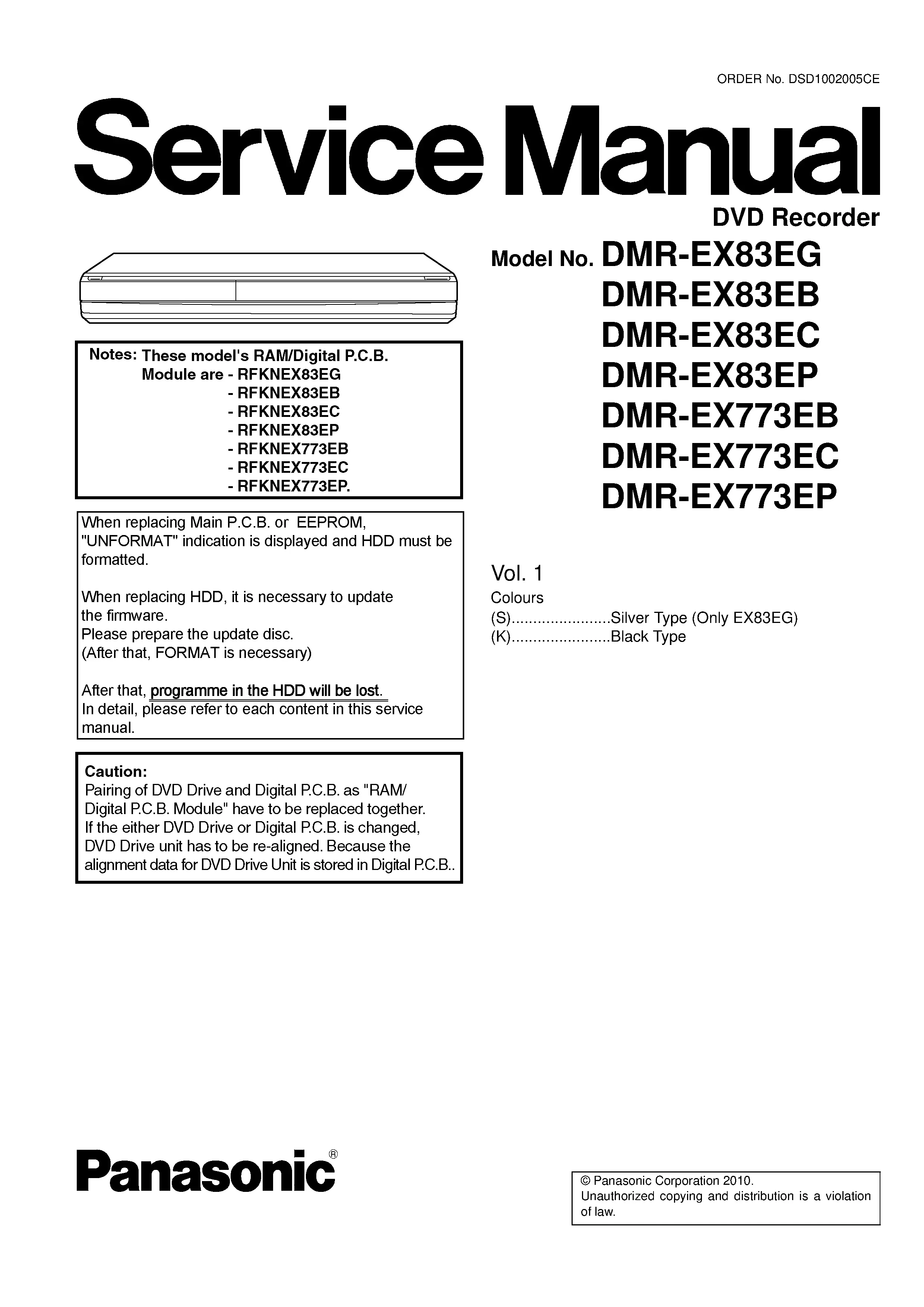Panasonic dmr ex83 ex773 service manual cover
