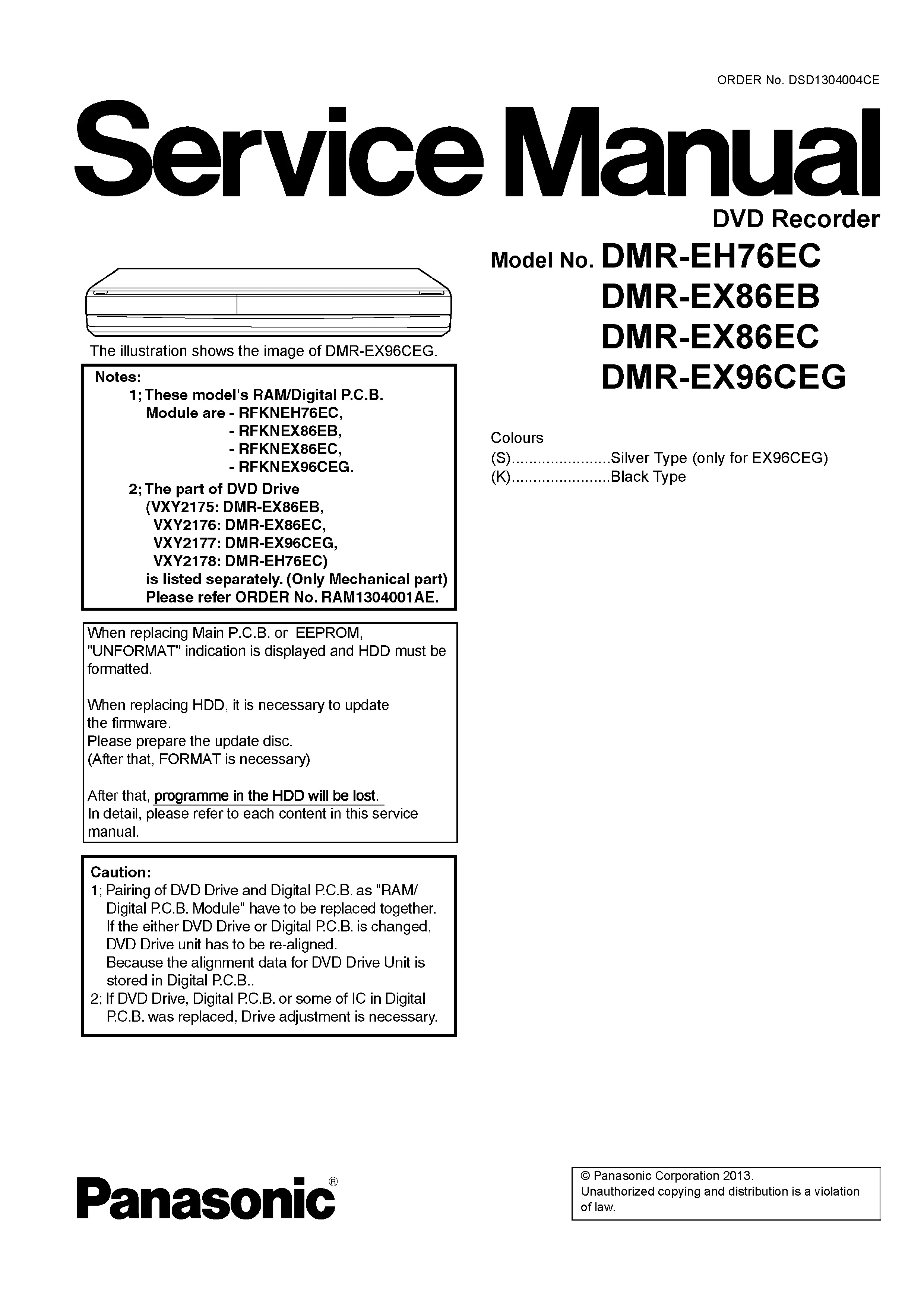 Panasonic dmr ex86 ex86eb ex86ec service manual cover