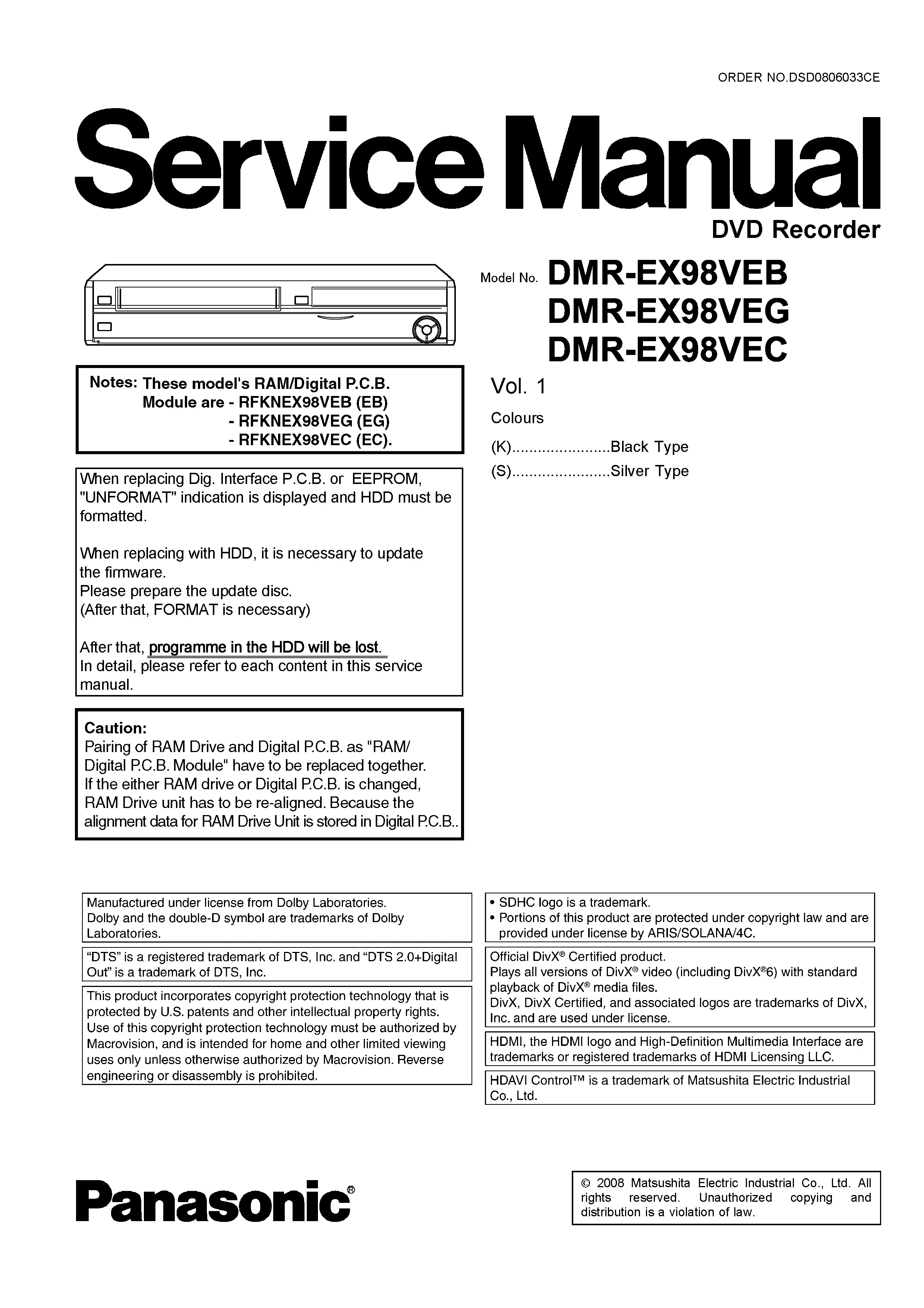 Panasonic dmr ex98v ex98veb ex98veg ex98vec service manual cover