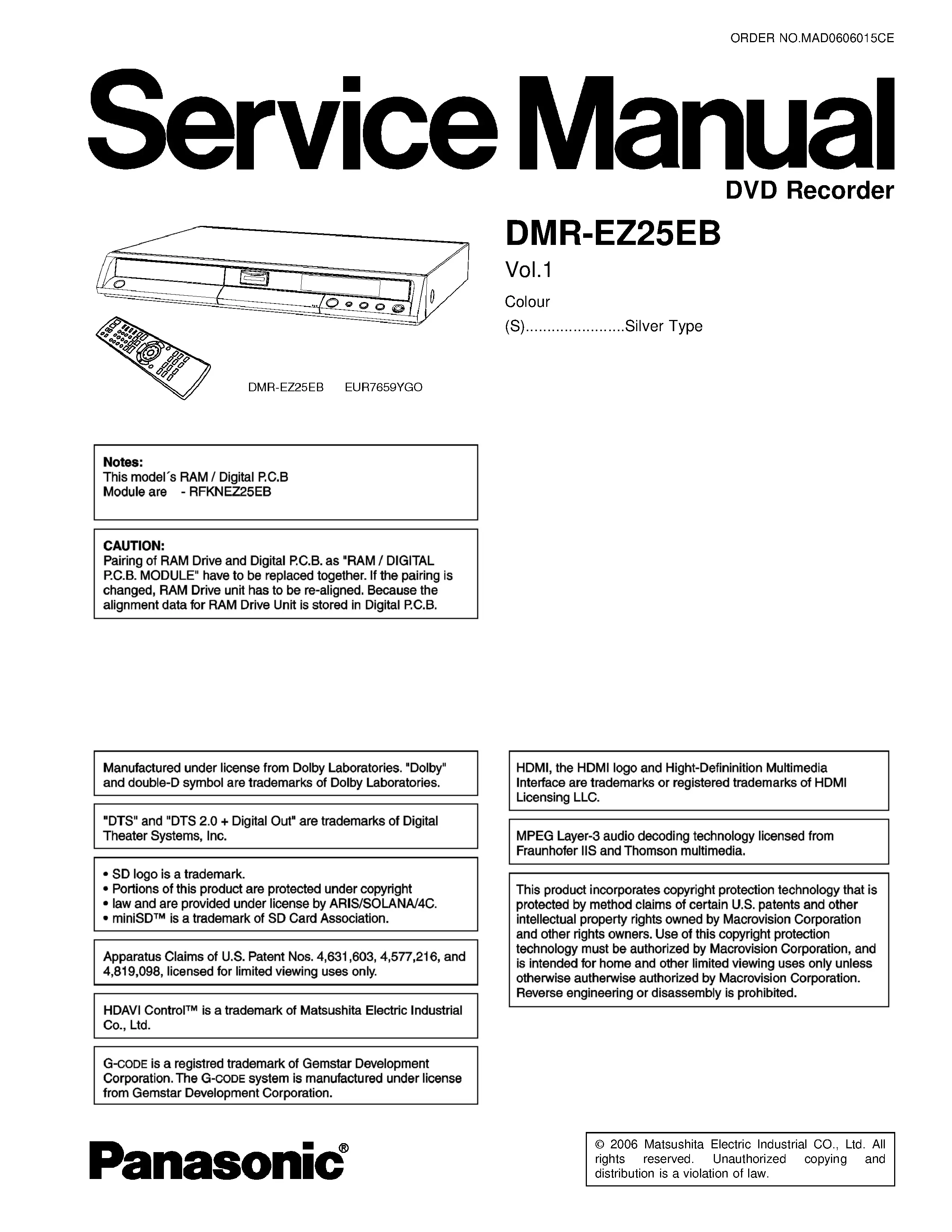 Panasonic dmr ez25 ez25eb service manual cover