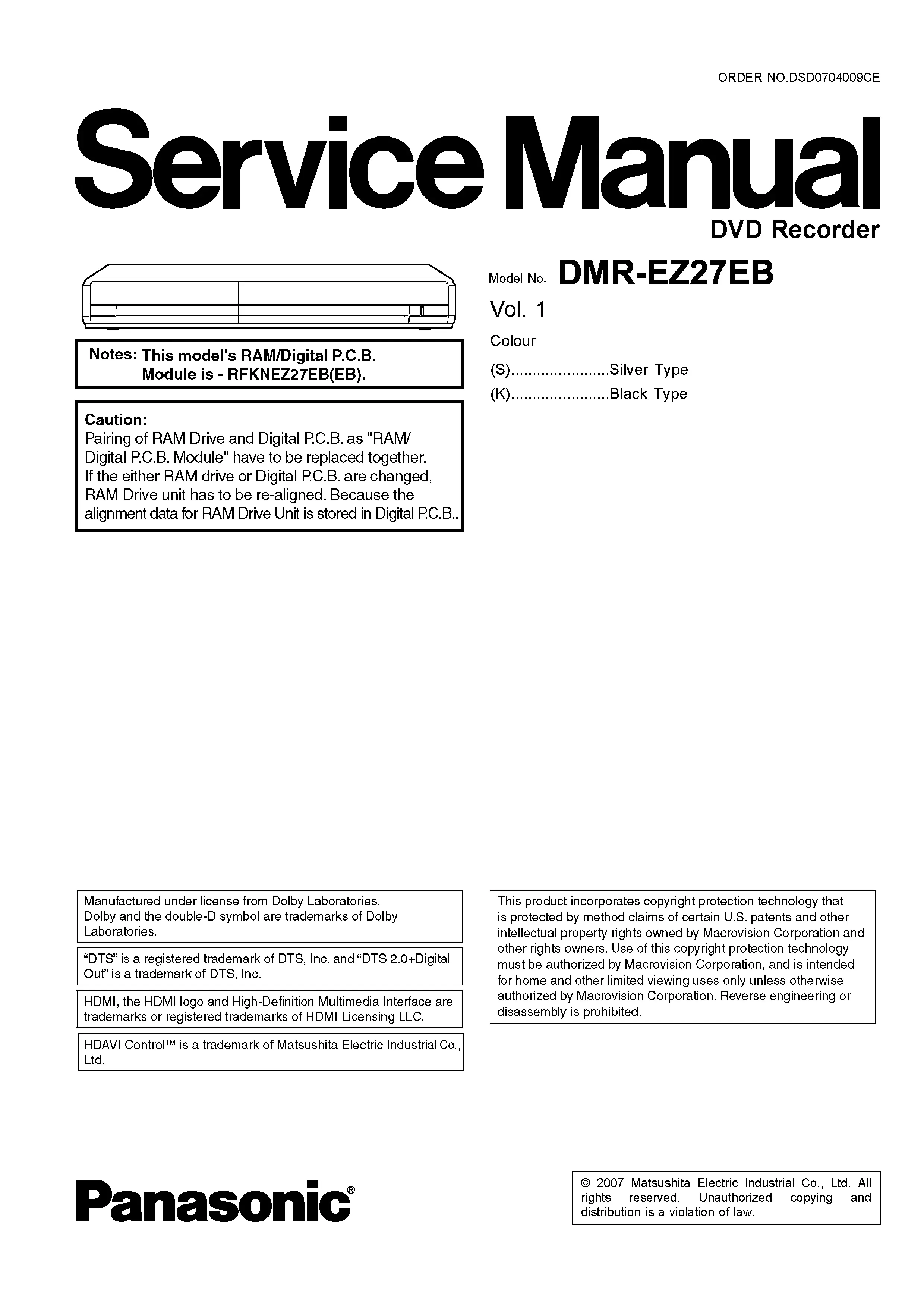 Panasonic dmr ez27 ez27eb service manual cover