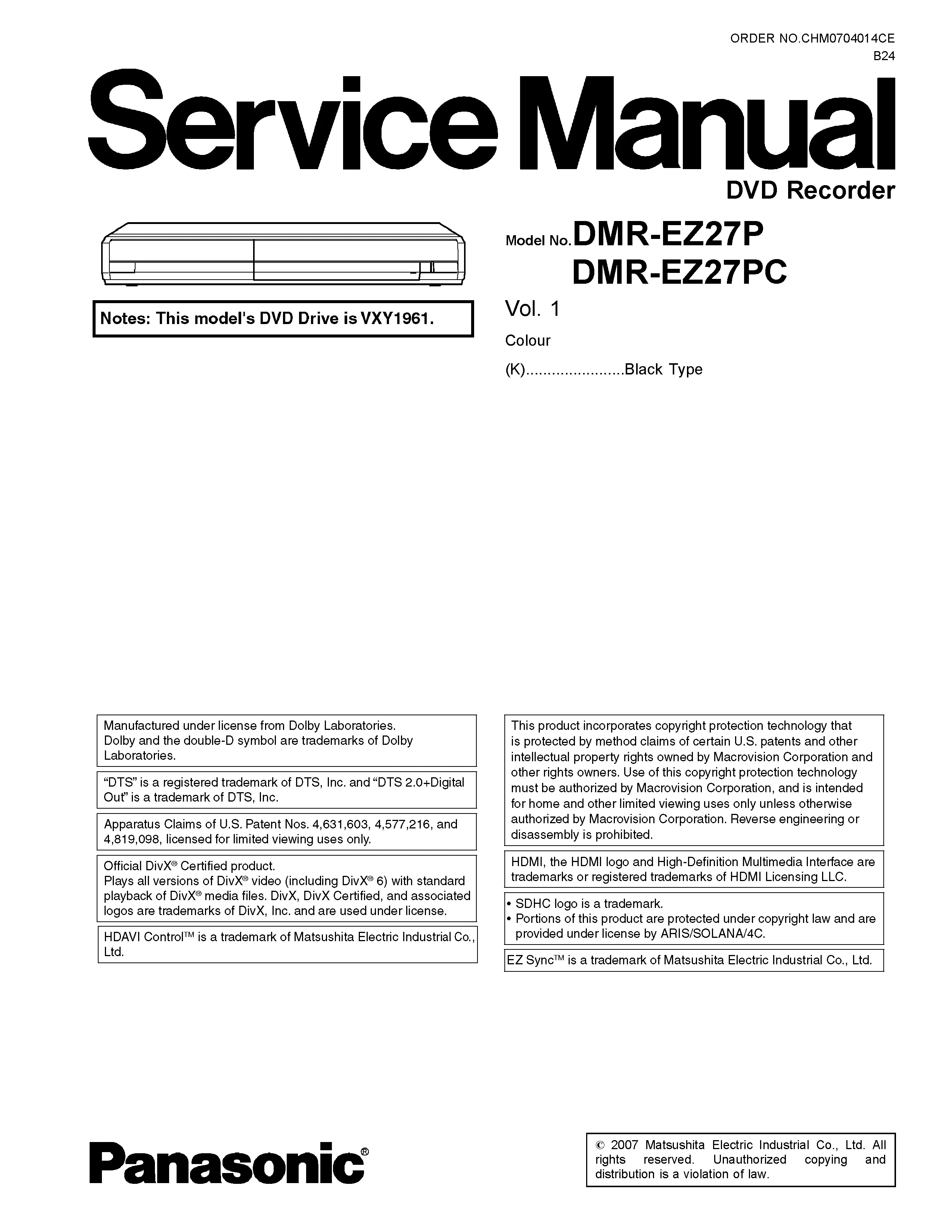 Panasonic dmr ez27 ez27pc ez27p service manual cover