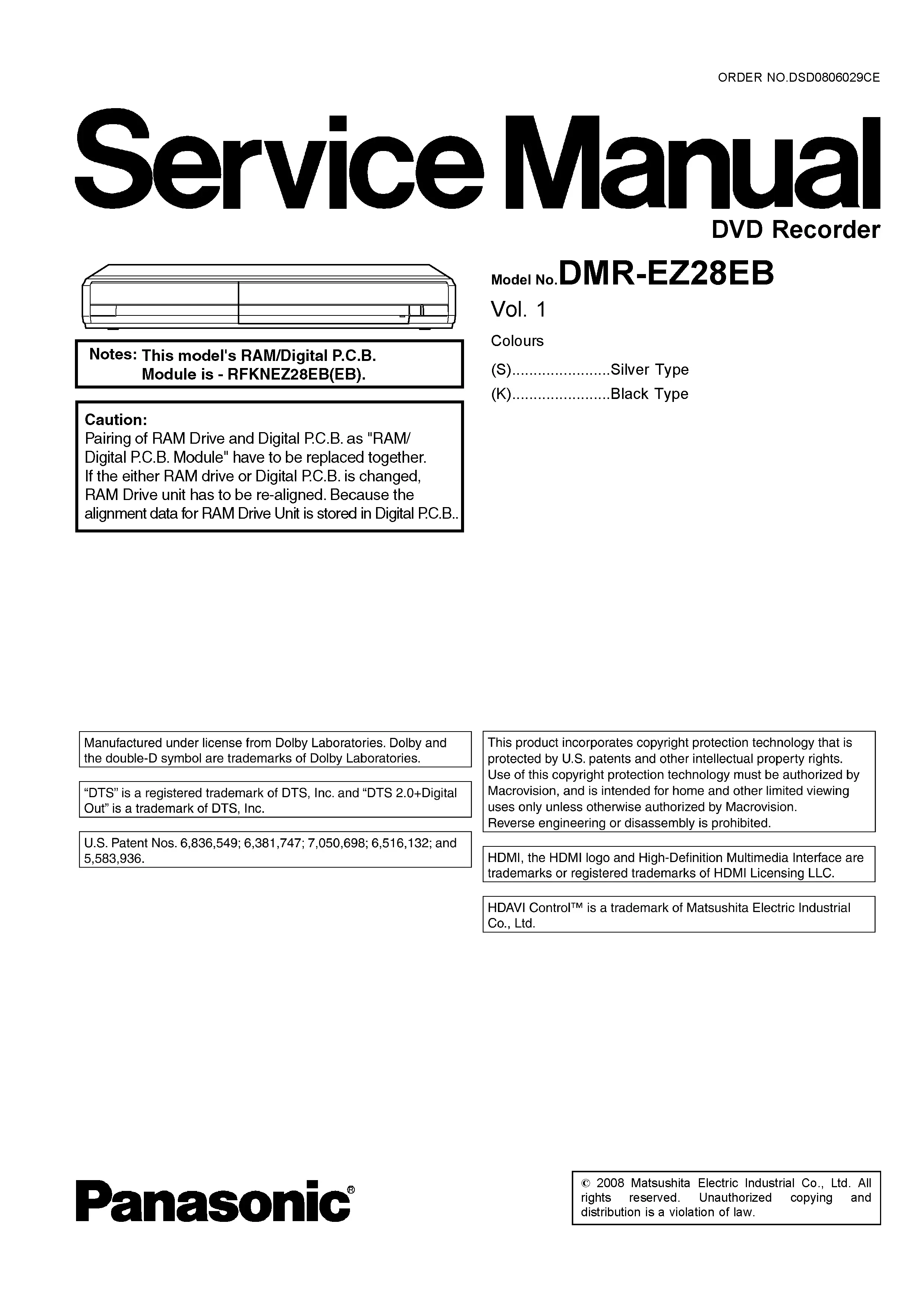 Panasonic dmr ez28 ez28eb service manual cover