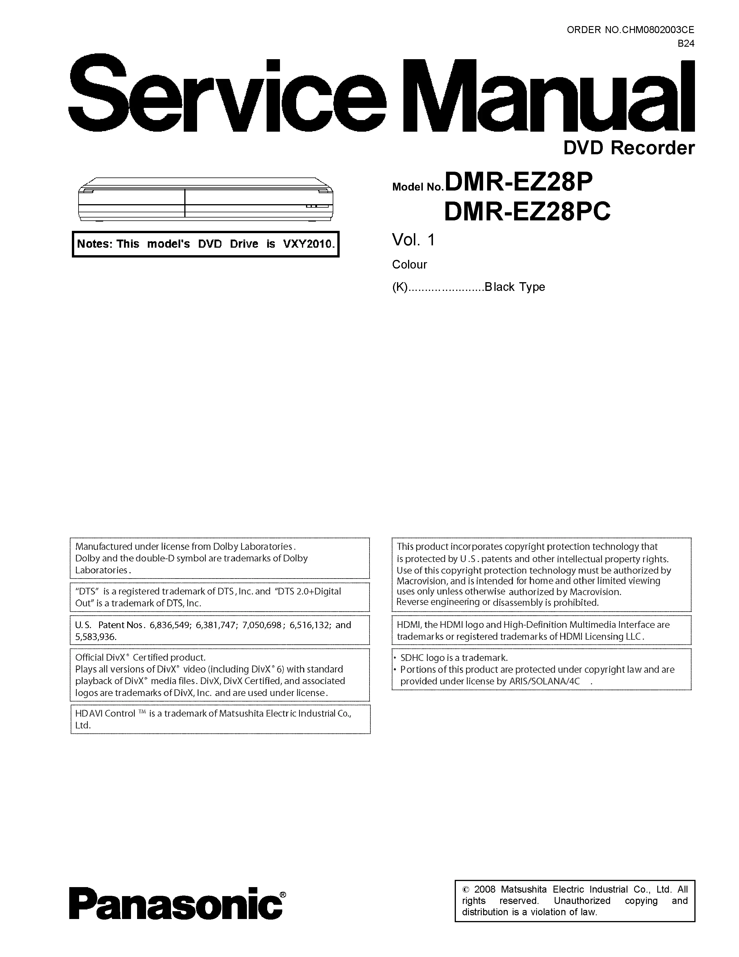Panasonic dmr ez28 ez28p ez28pc service manual cover