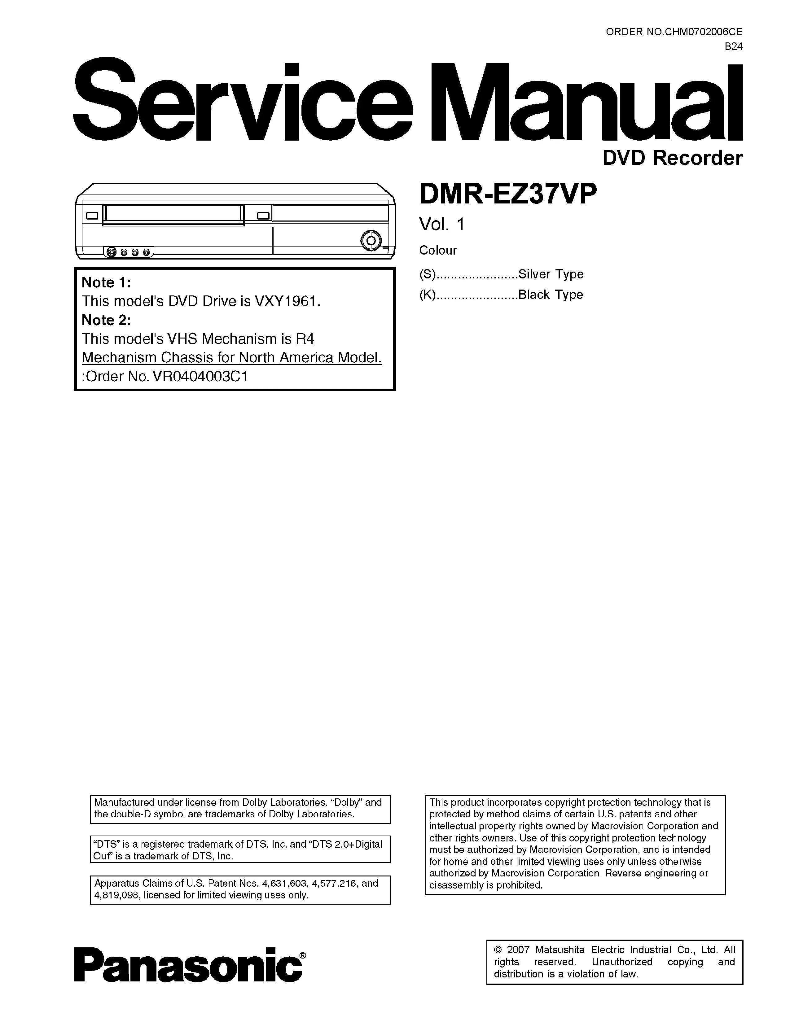 Panasonic dmr ez37 dmr ez37vp service manual cover