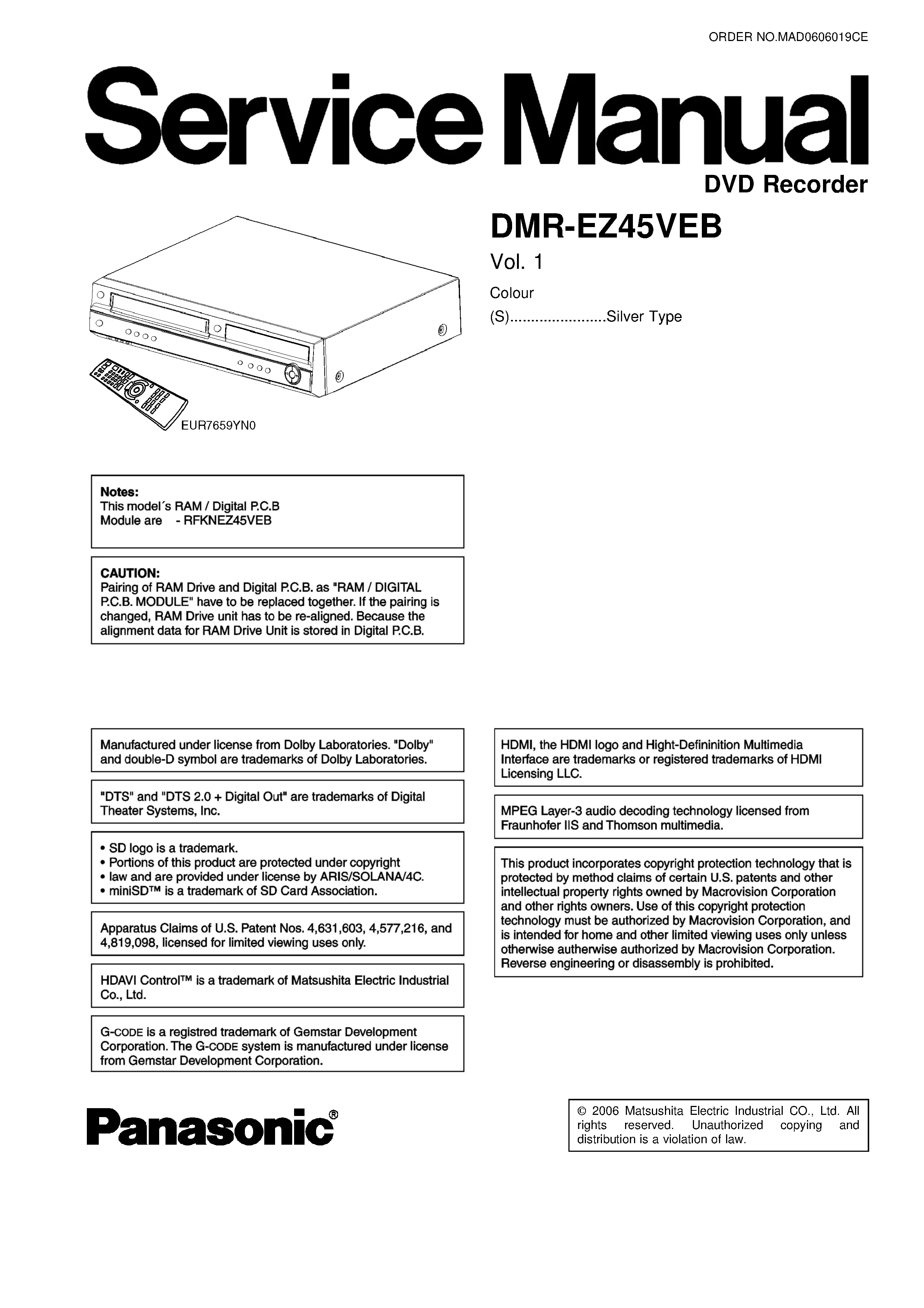 Panasonic dmr ez45 ez45veb service manual cover