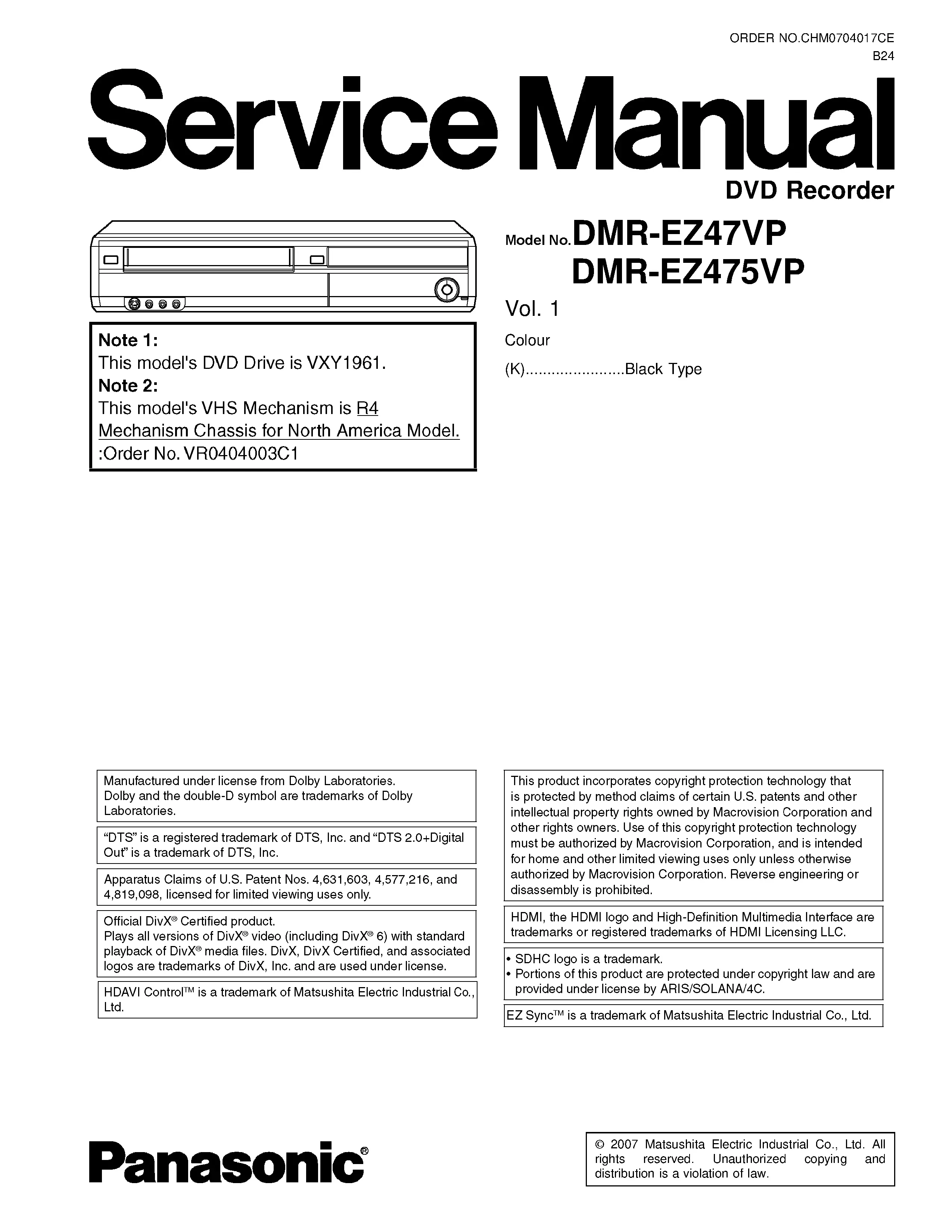 Panasonic dmr ez47 ez475 ez47vp ez475vp service manual cover
