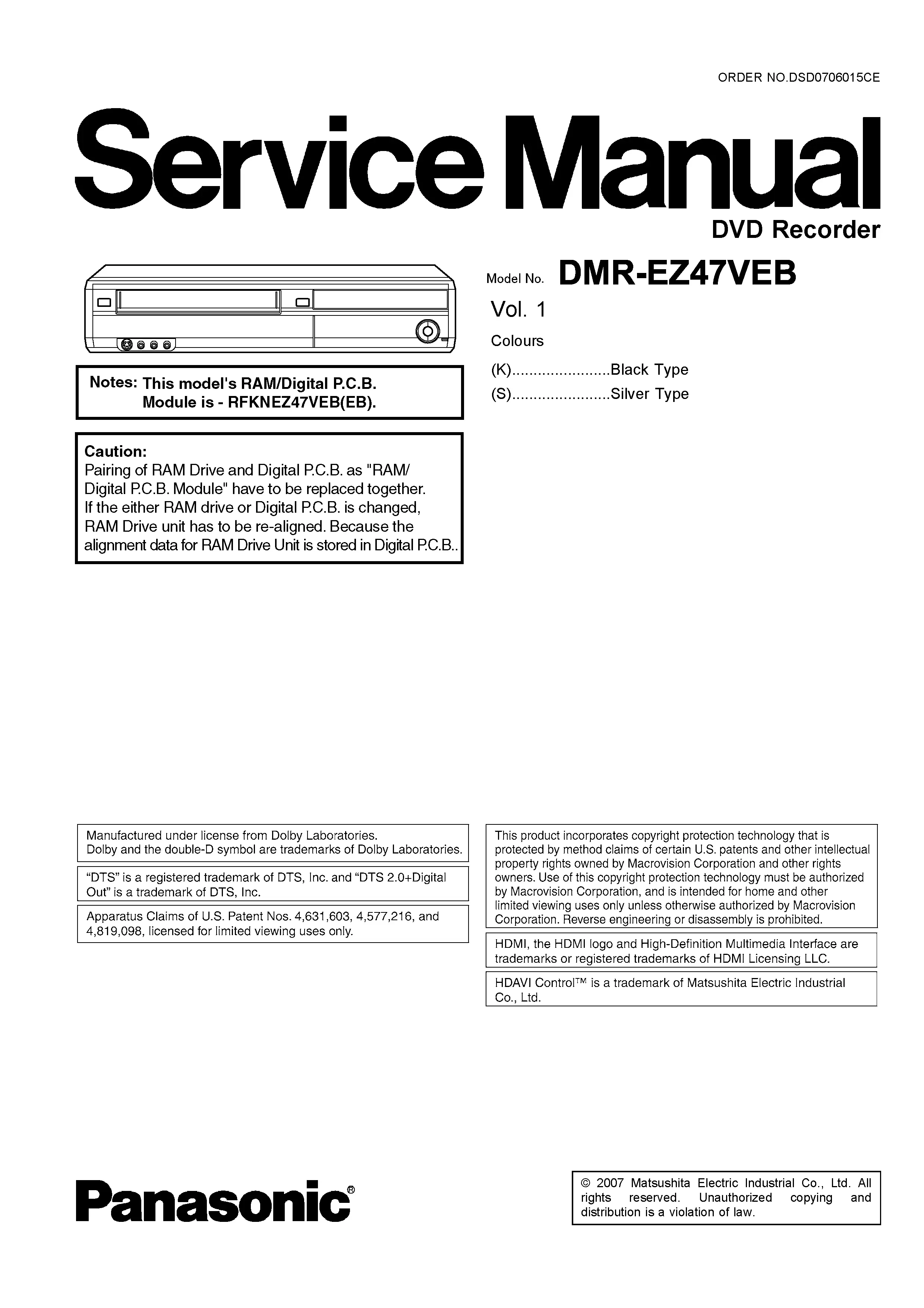 Panasonic dmr ez47v ez47veb service manual cover