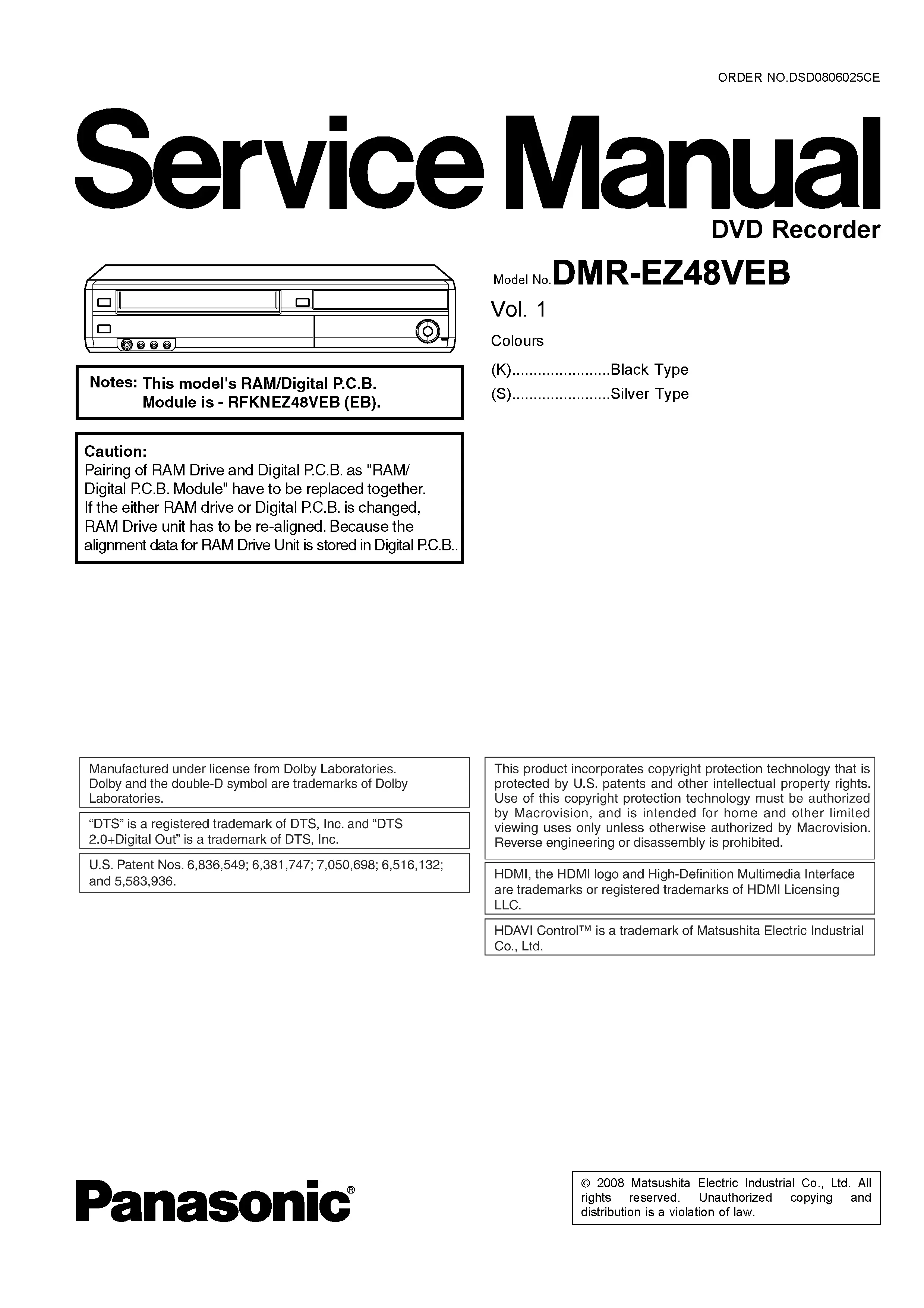 Panasonic dmr ez48v ez48veb dvd recroder service manual cover