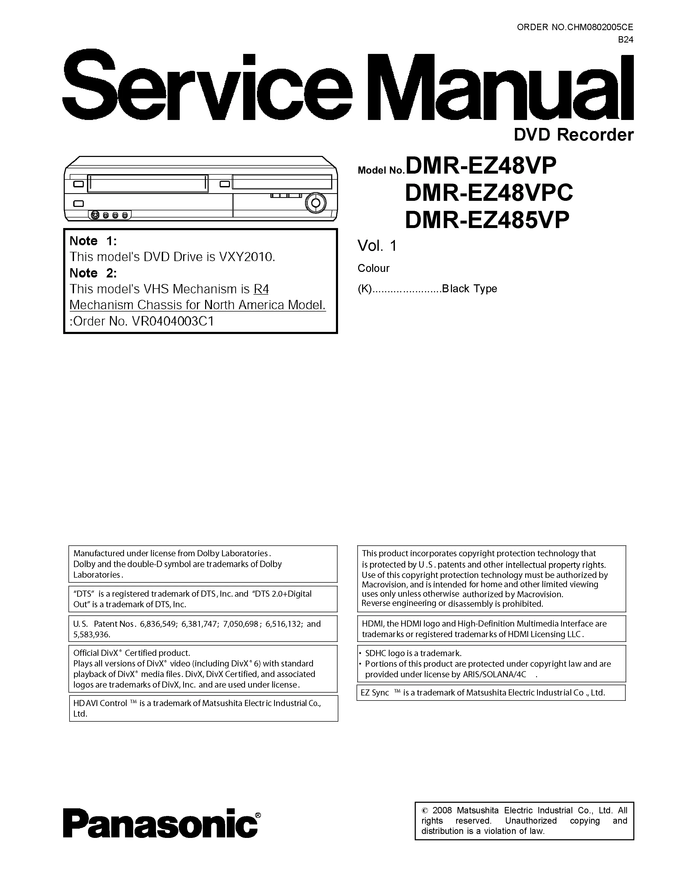 Panasonic dmr ez48v ez48vpc ez485vp service manual cover