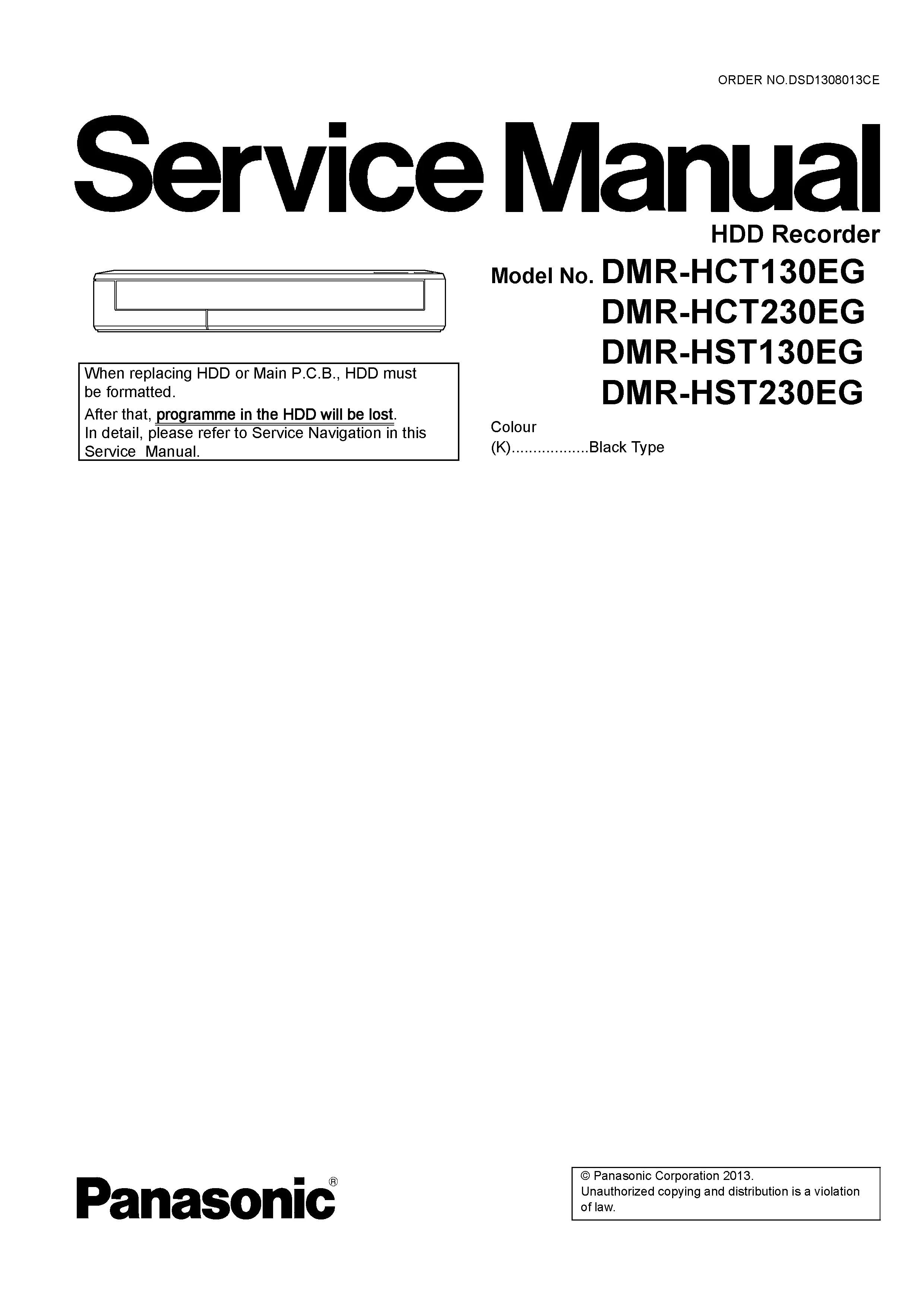 Panasonic dmr hct130 hct230 hst130 hst230 service manual cover