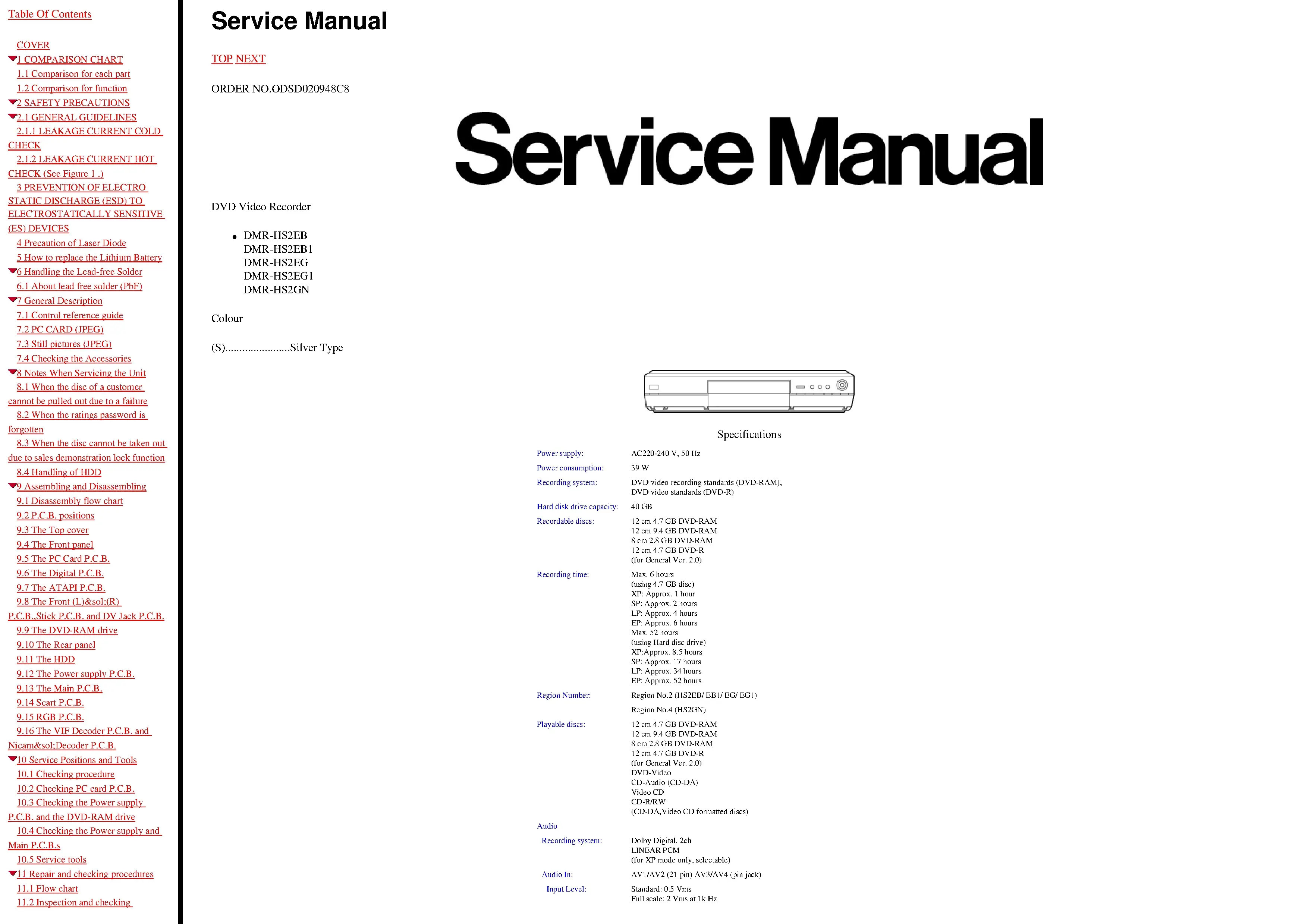 Panasonic dmr hs2 service manual cover