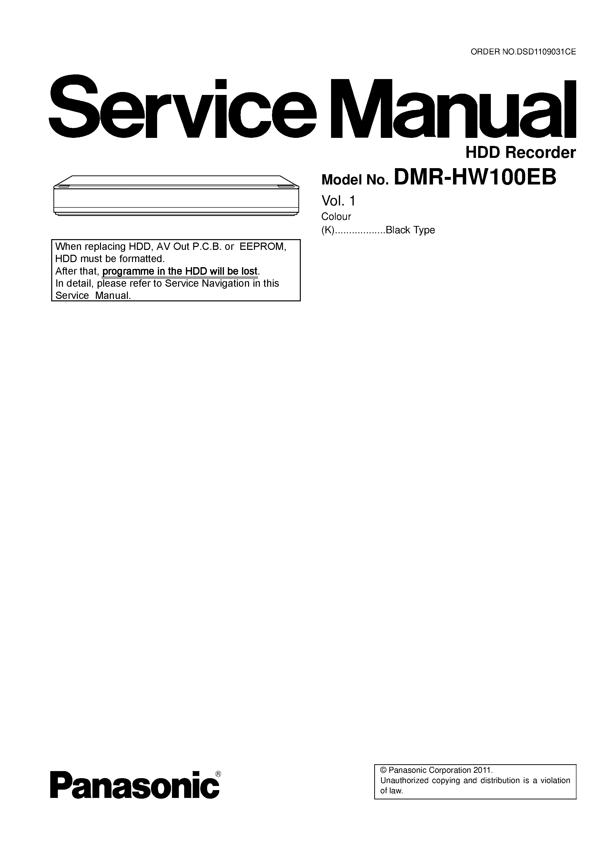 Panasonic dmr hw100 hw100eb hdd recorder service manual cover