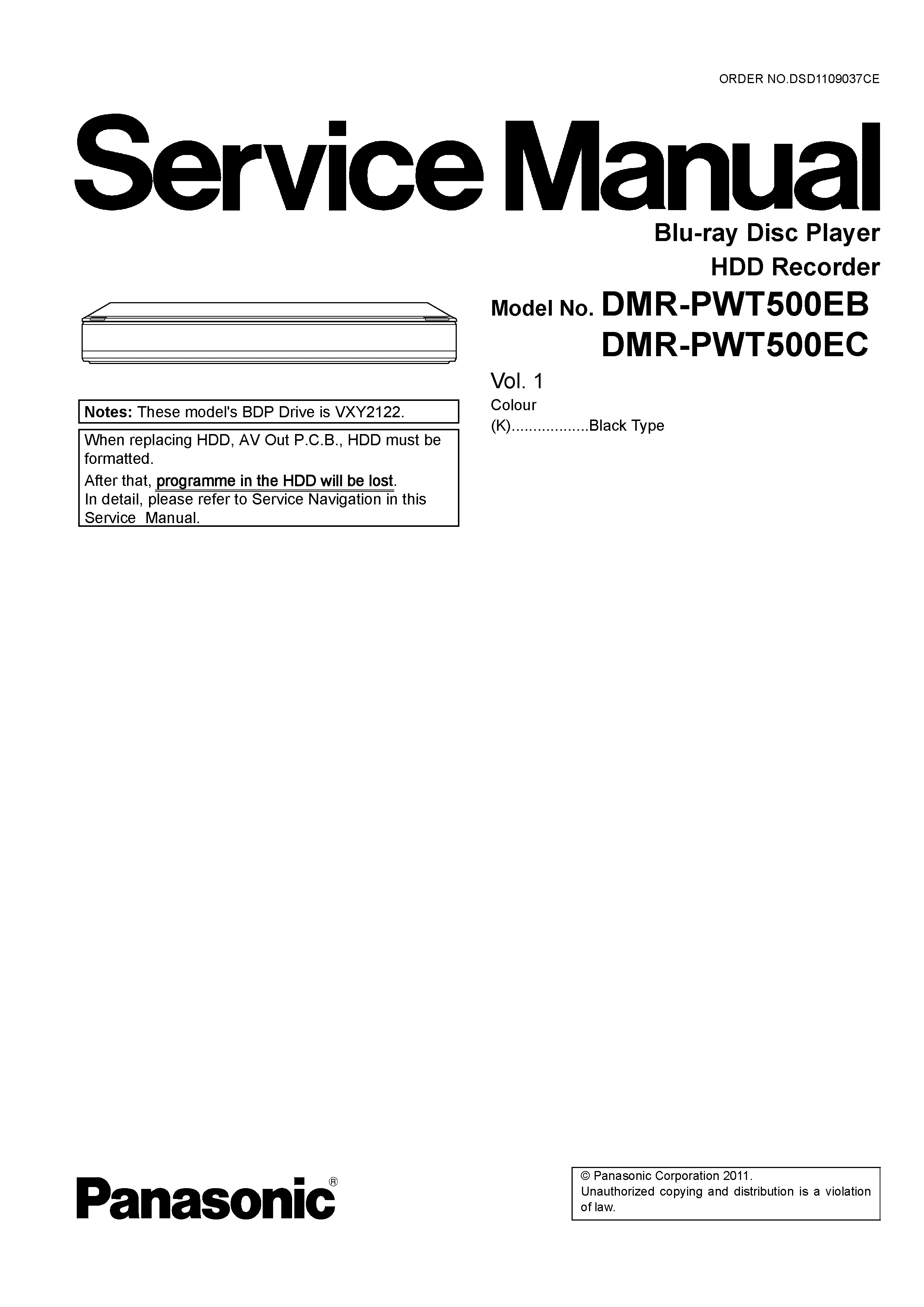 Panasonic dmr pwt500 pwt500eb pwt500ec service manual cover