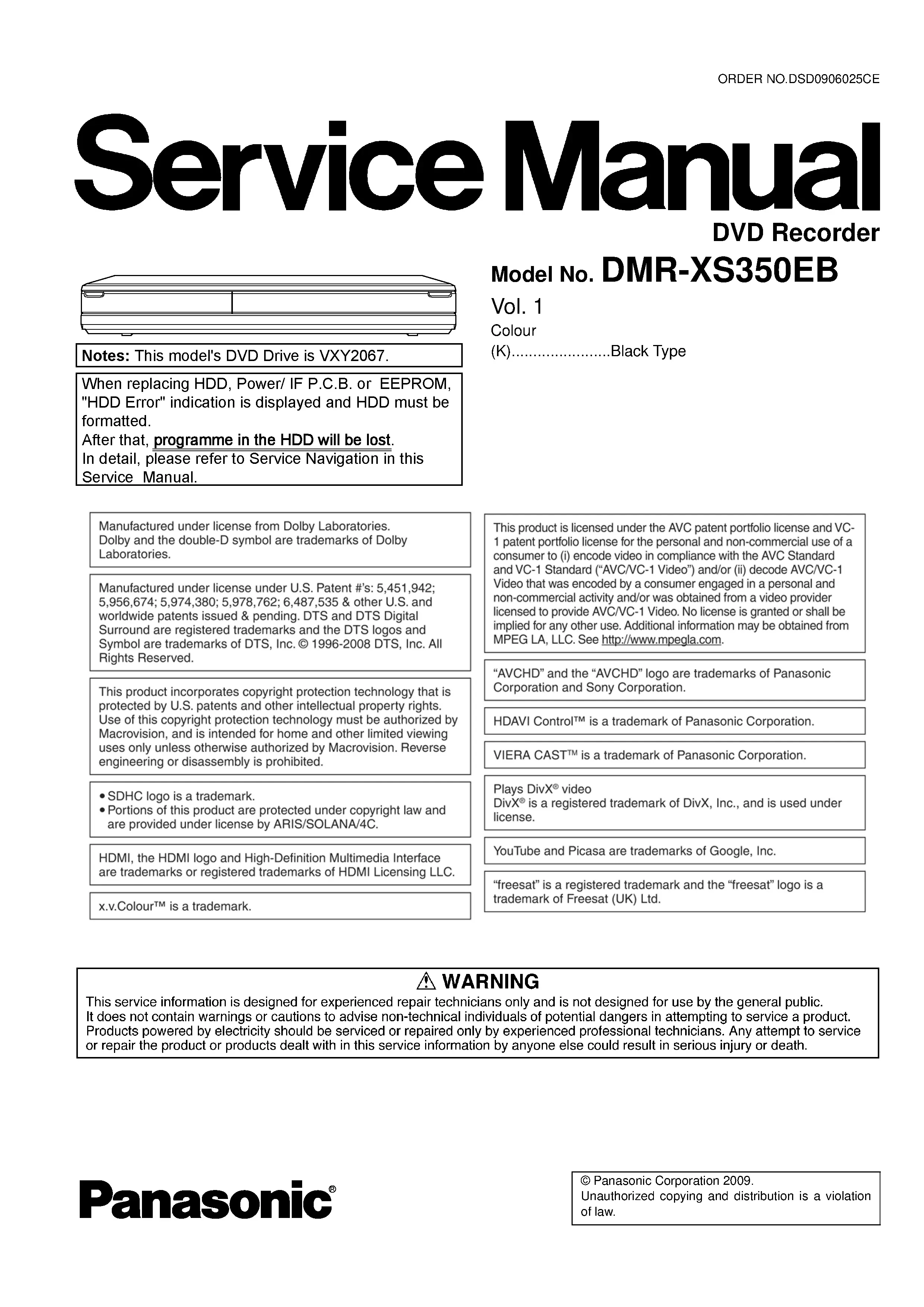 Panasonic dmr xs350 xs350eb service manual cover