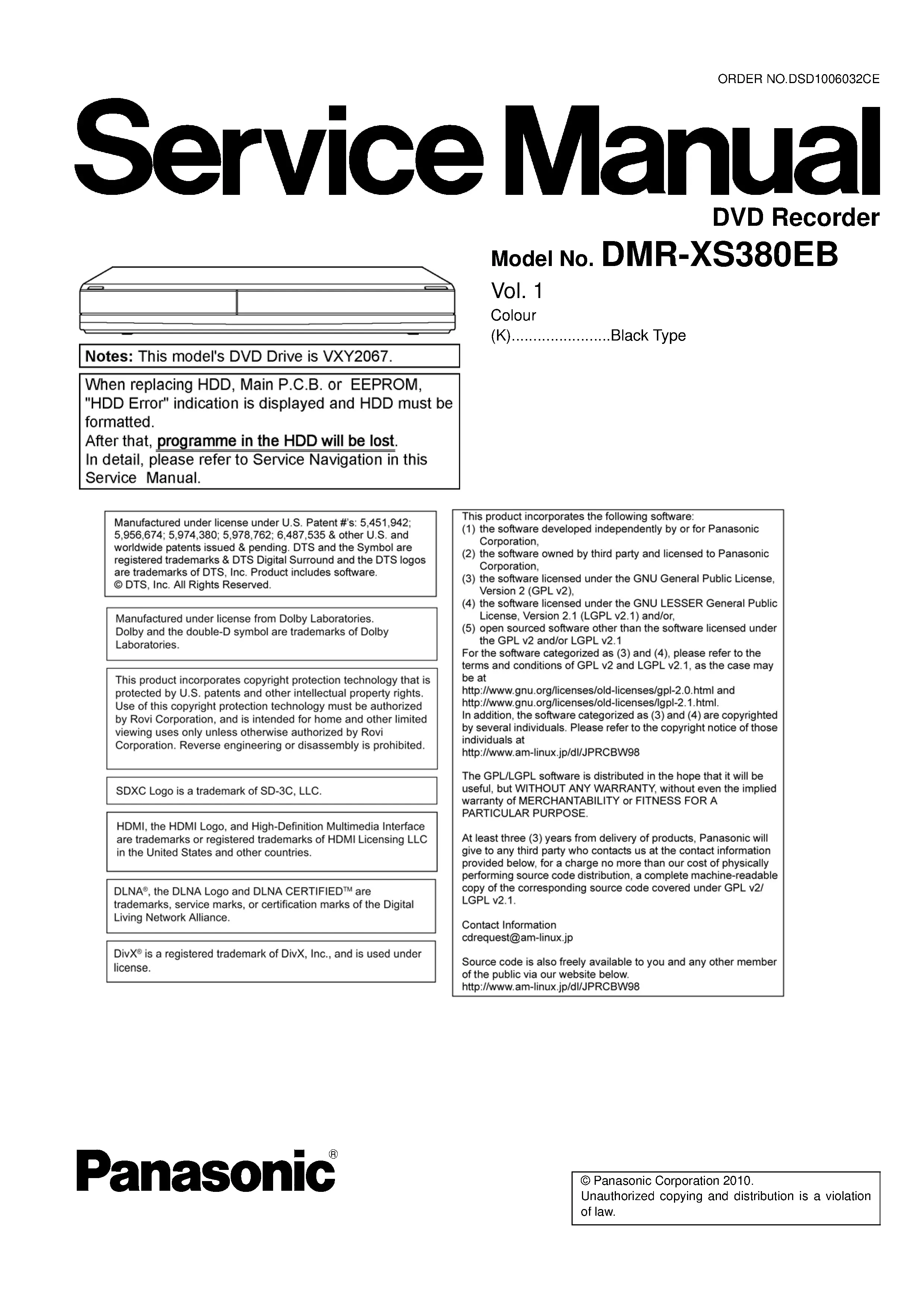 Panasonic dmr xs380 xs380eb service manual cover
