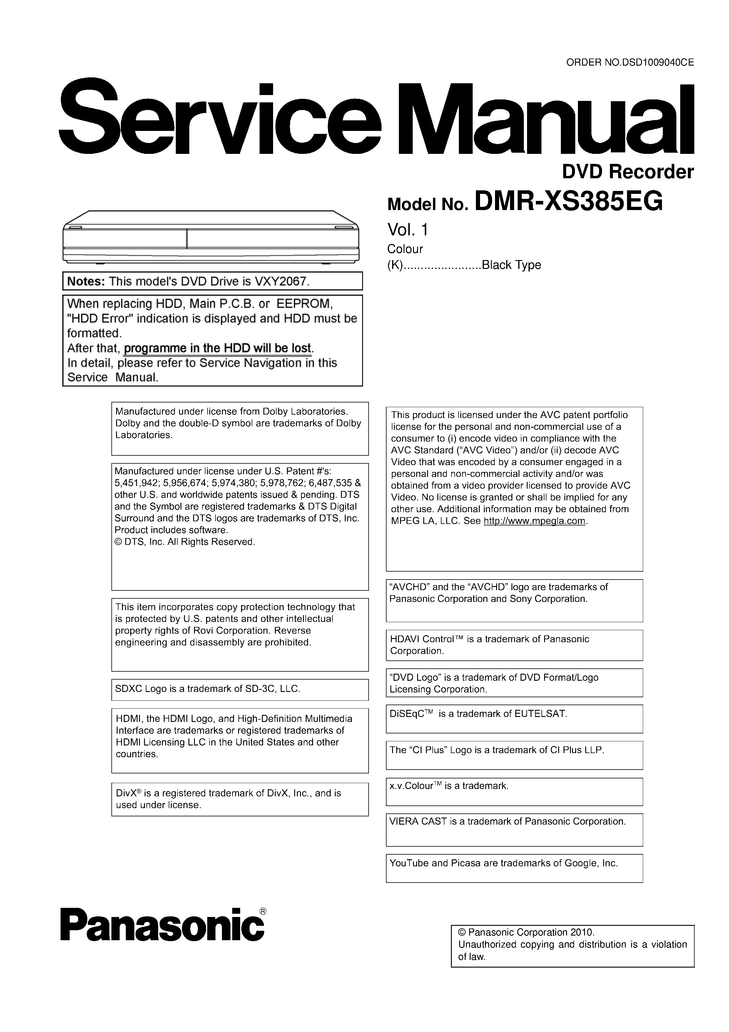 Panasonic dmr xs385 xs385eg service manual cover