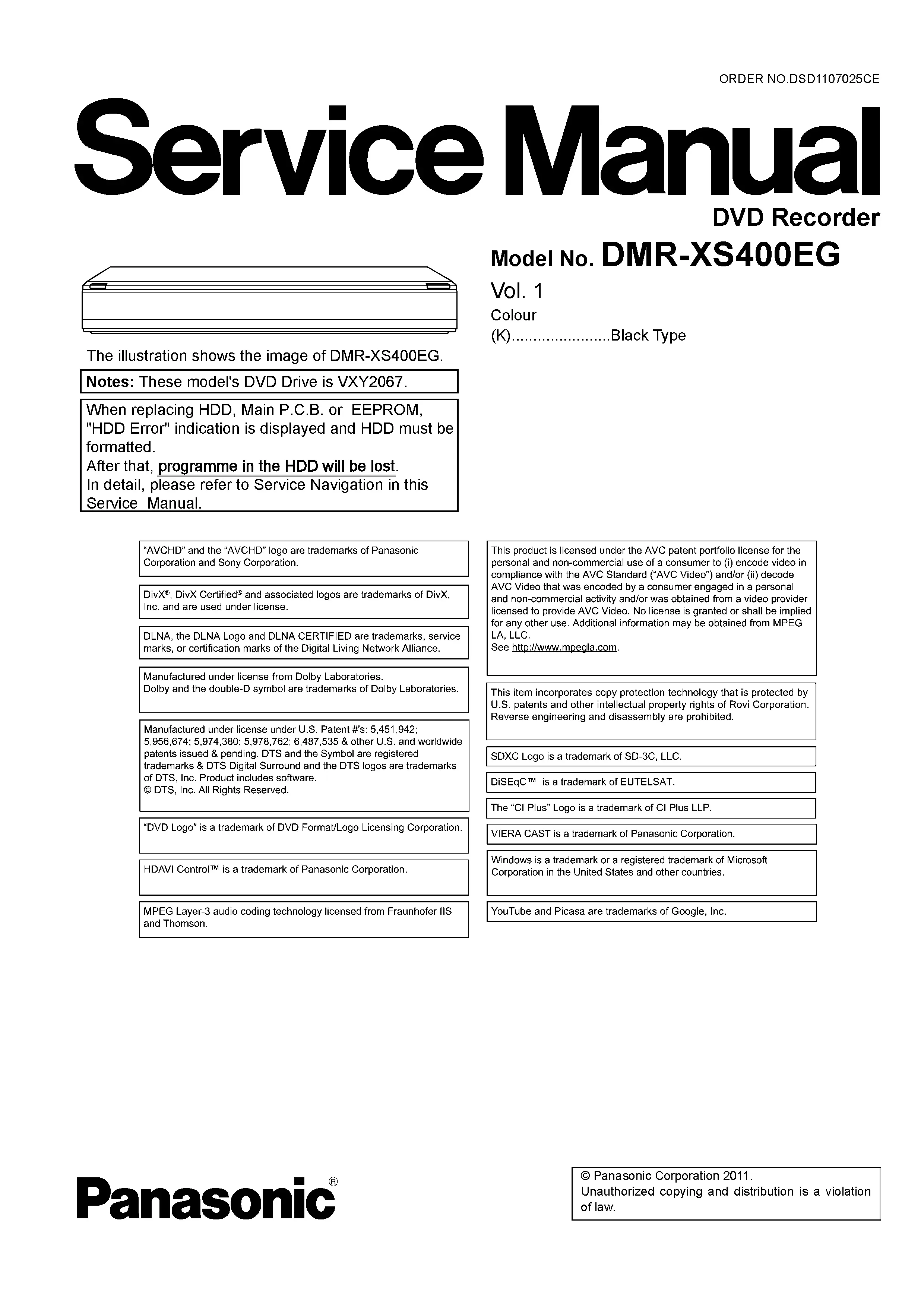 Panasonic dmr xs400 xs400eg service manual cover