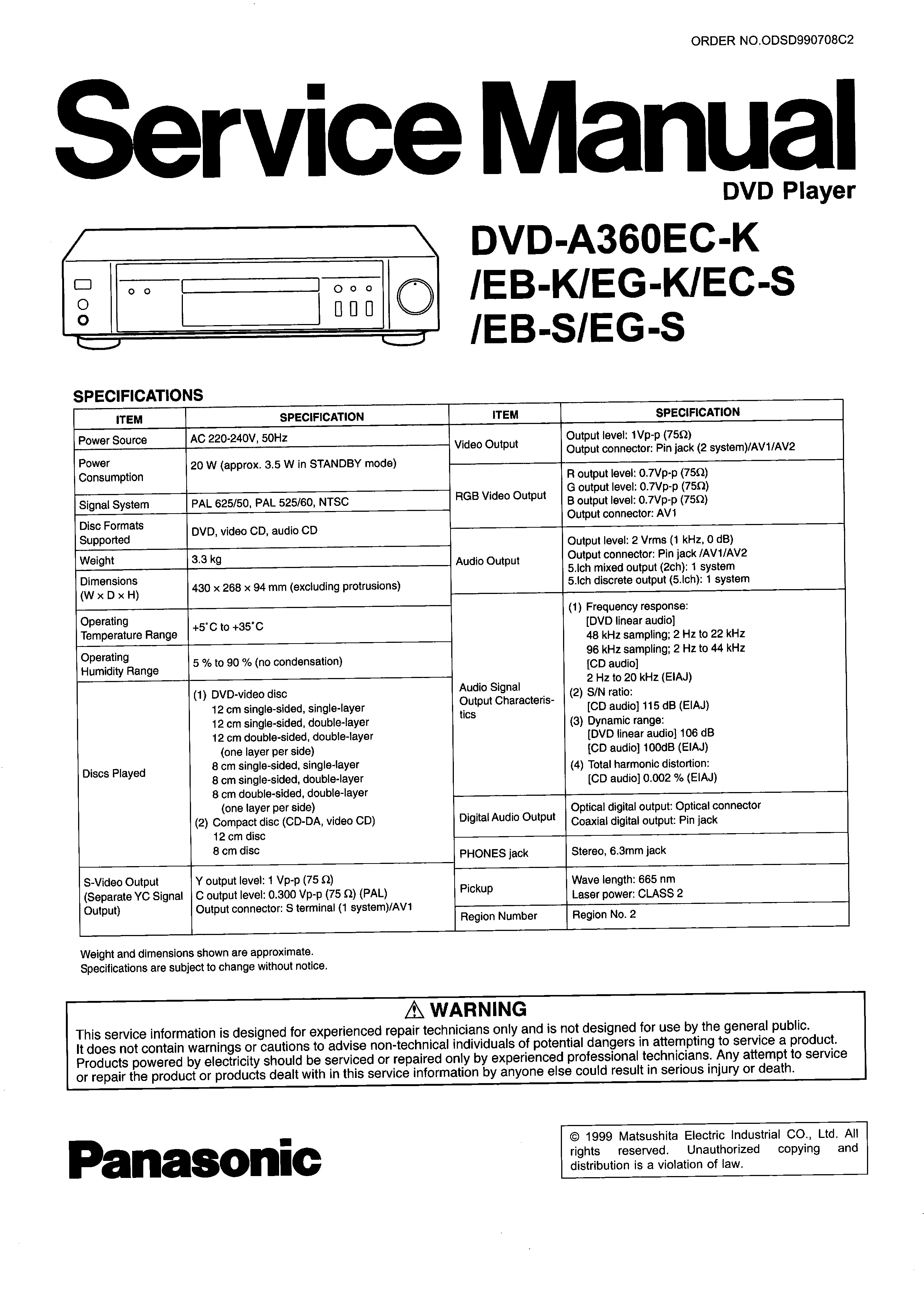 Panasonic dvd a360 service manual cover
