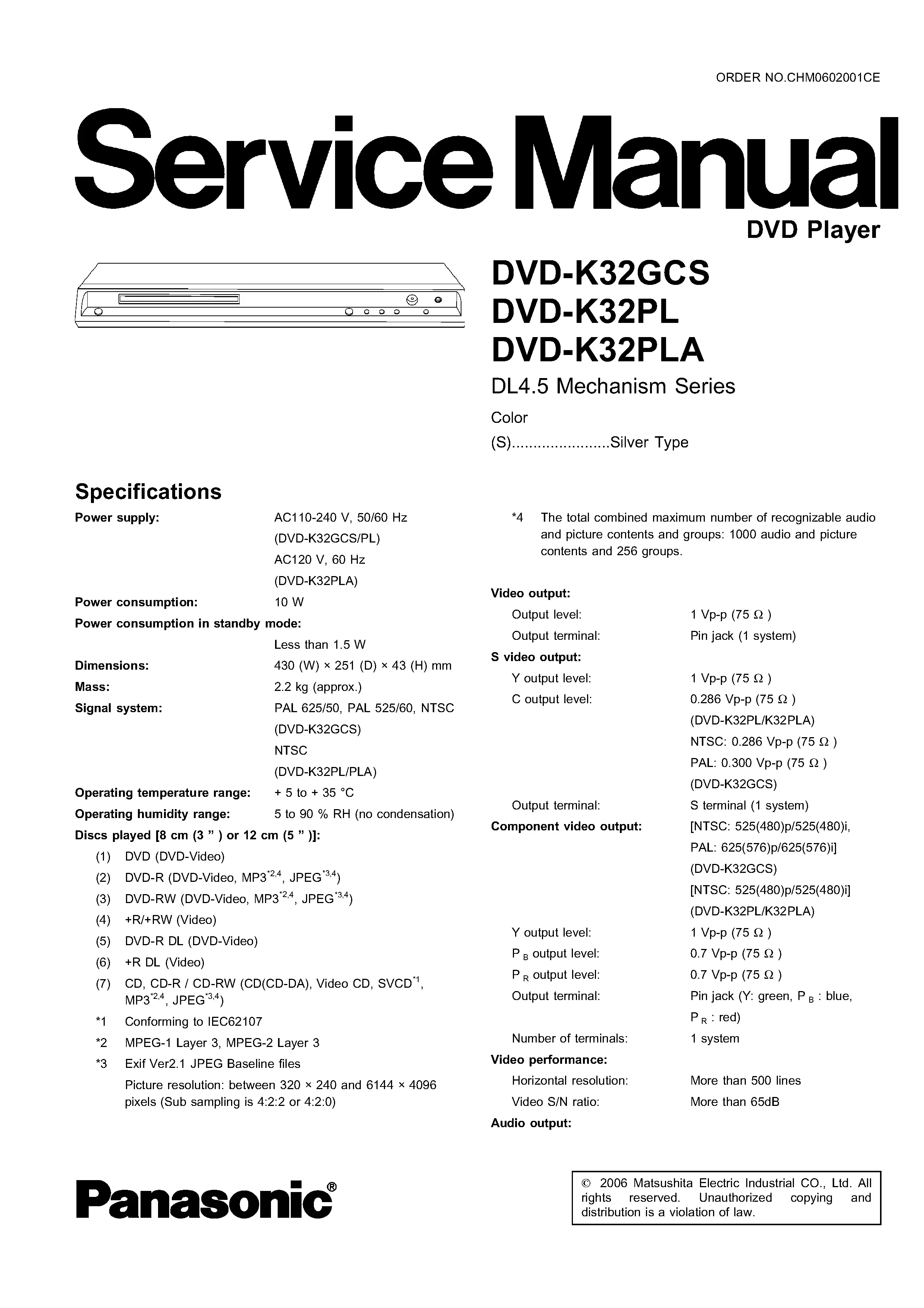 Panasonic dvd k32 service manual cover