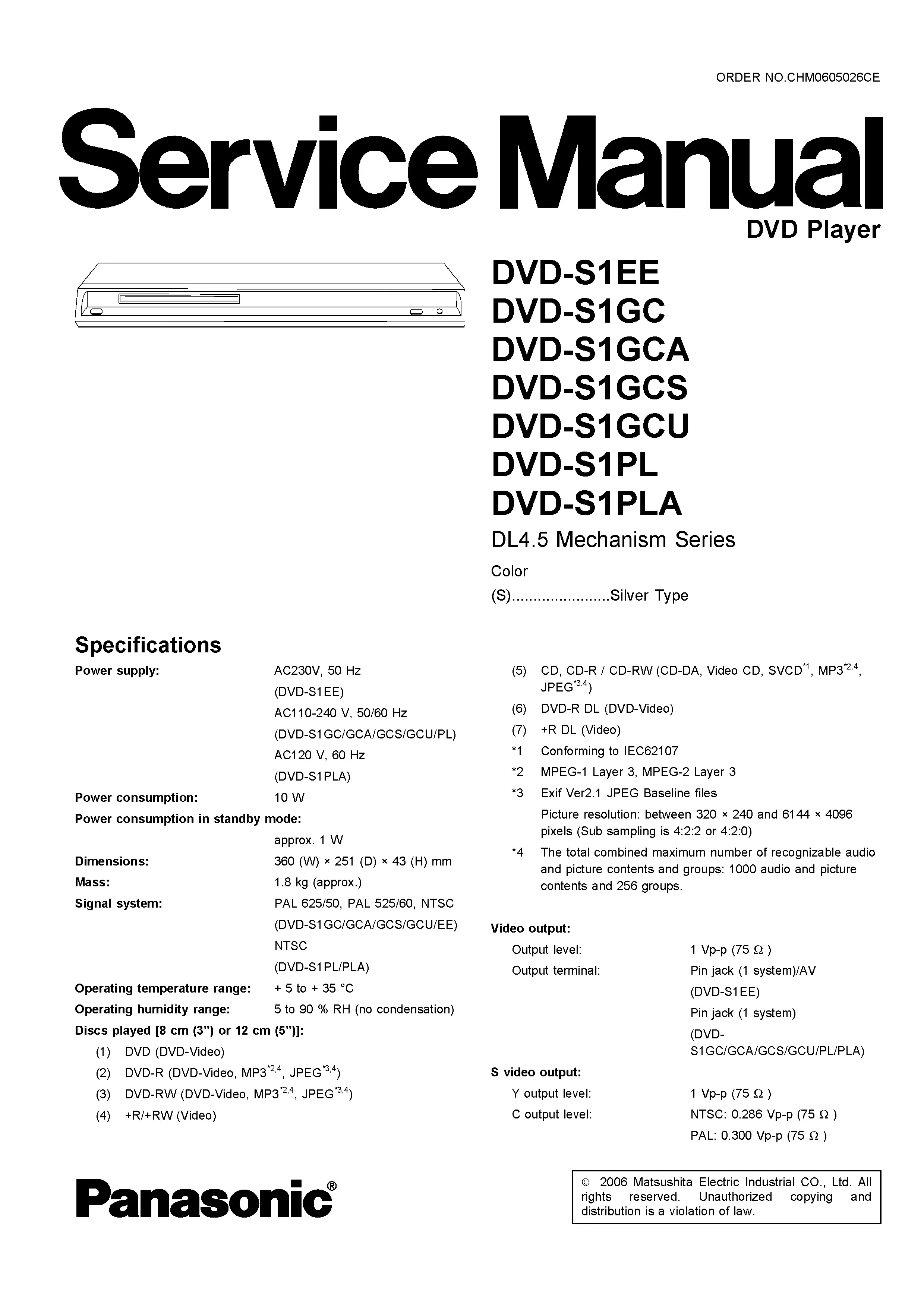 Panasonic dvd s1 service manual cover