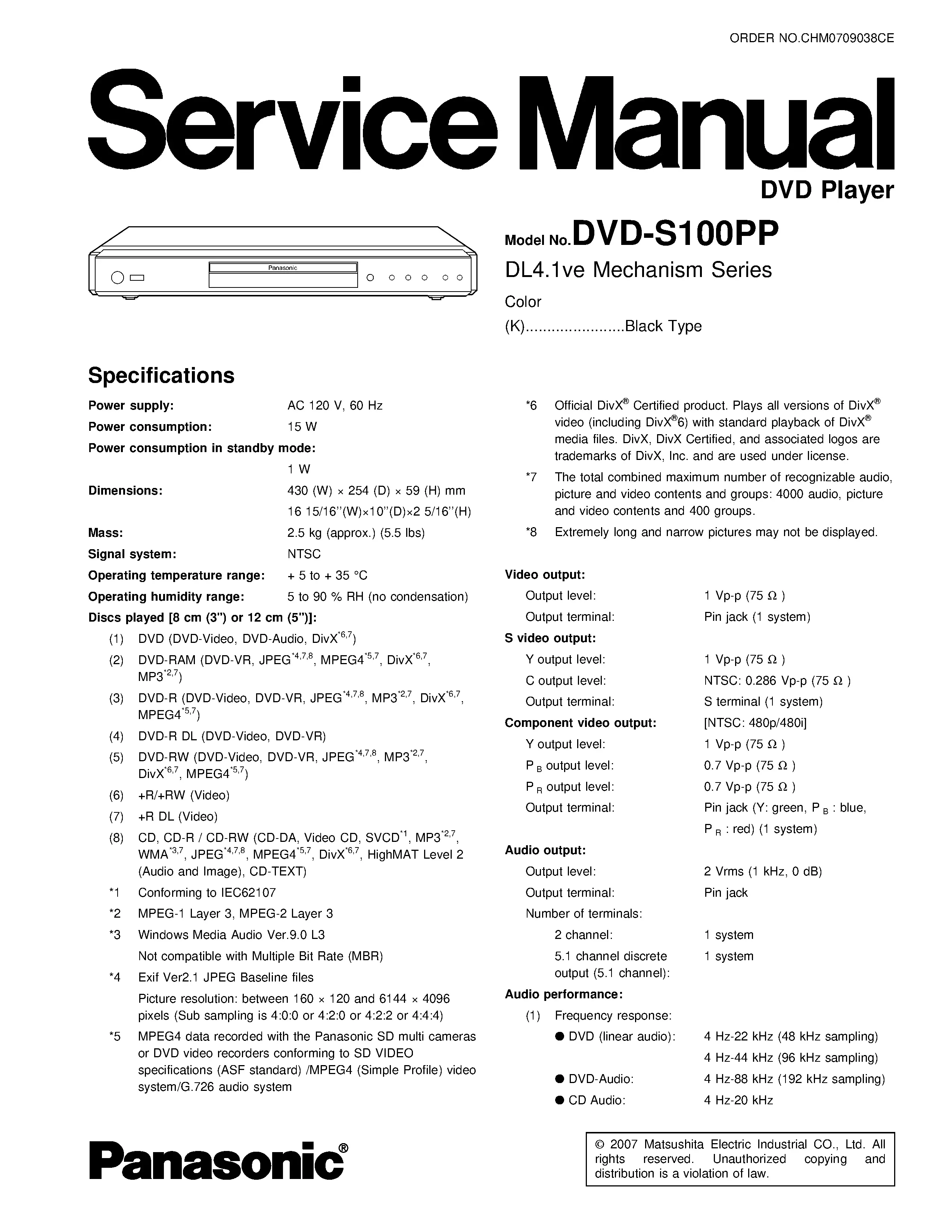Panasonic dvd s100 service manual cover