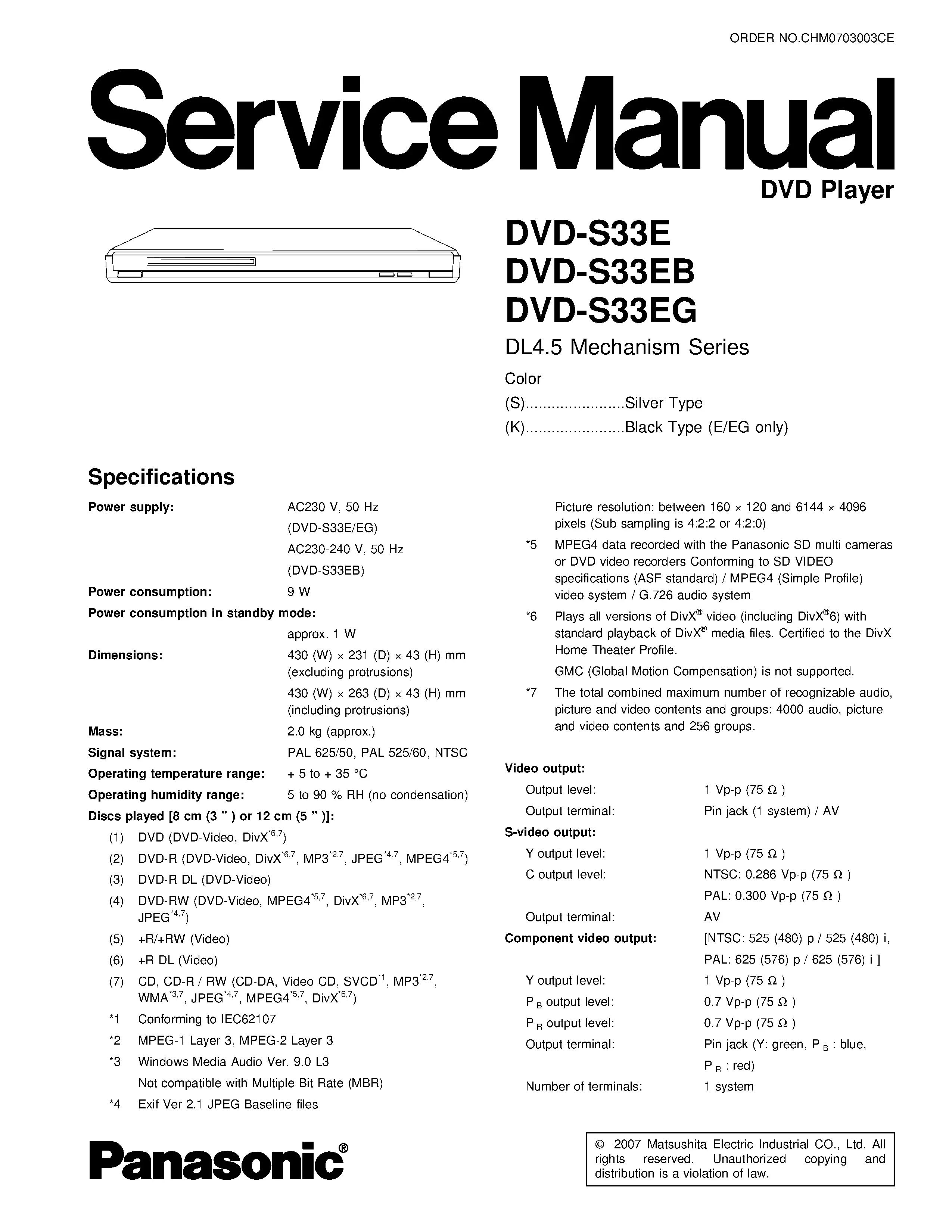 Panasonic dvd s33 service manual cover