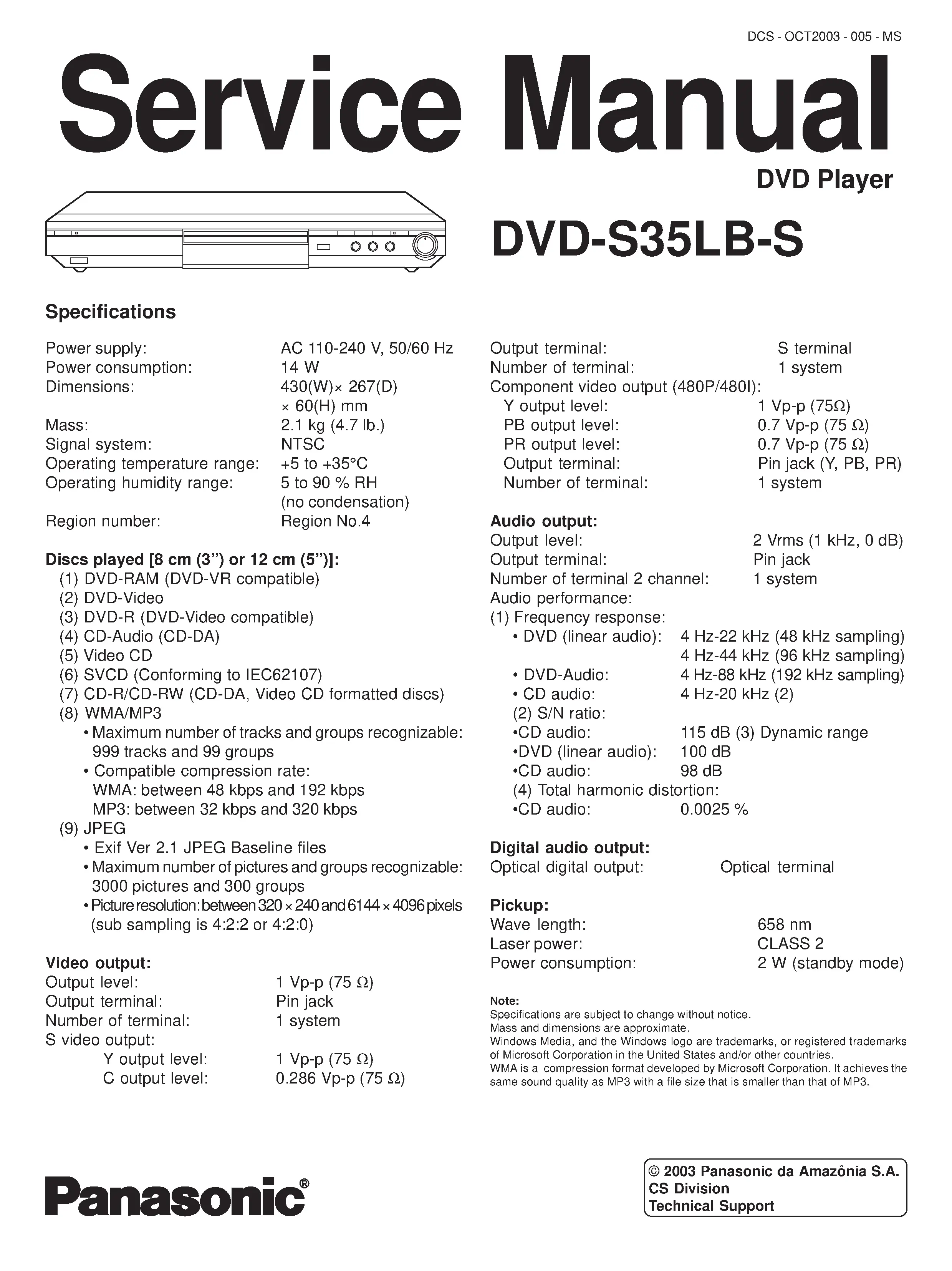Panasonic dvd s35 service manual cover