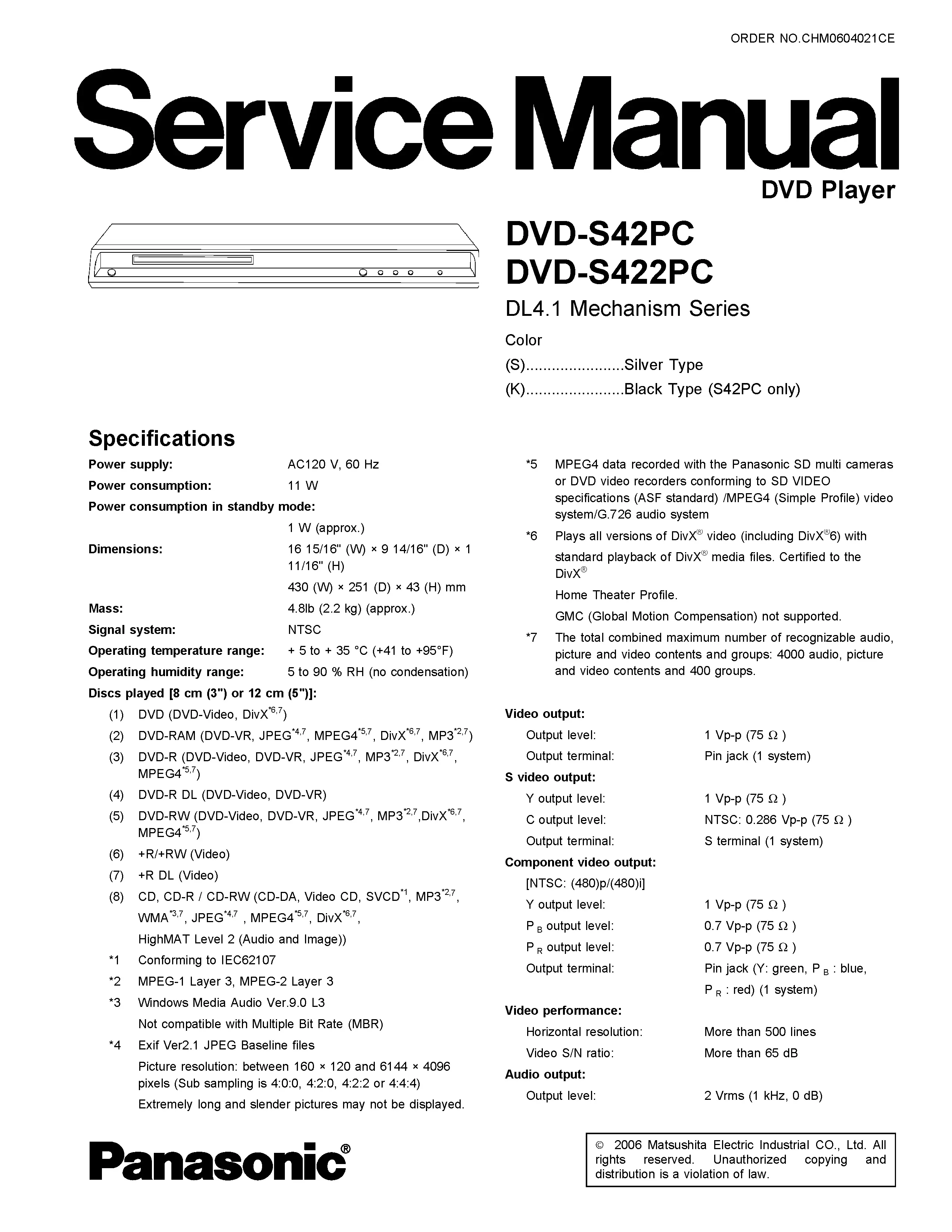 Panasonic dvd s42 s422 service manual cover