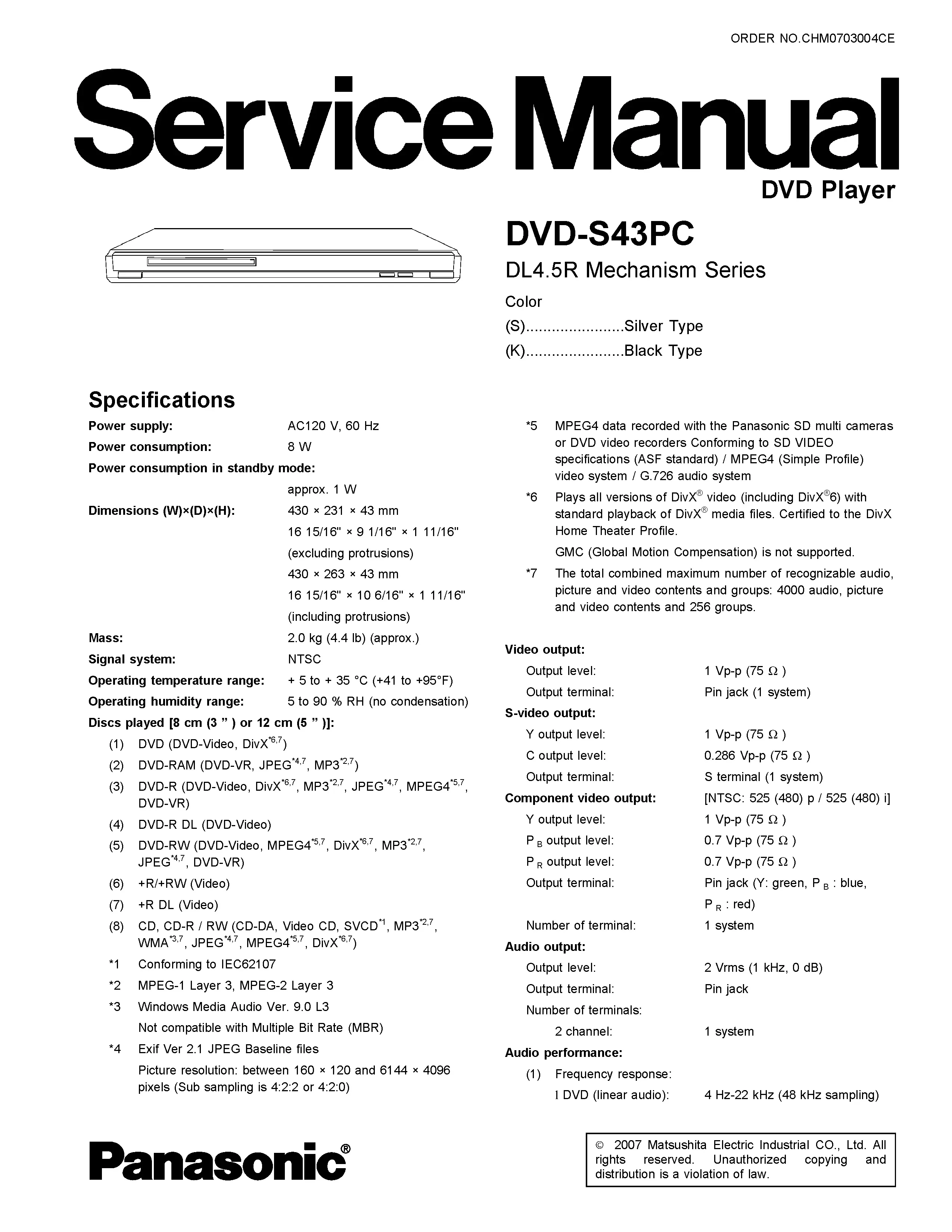 Panasonic dvd s43 service manual cover
