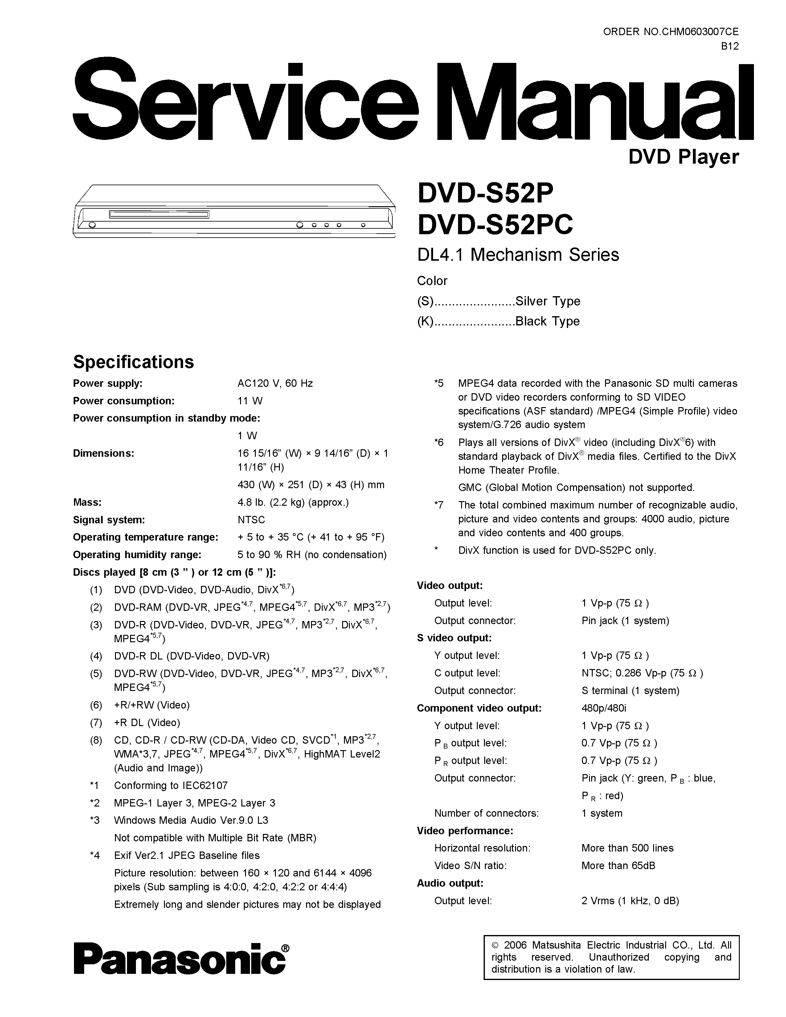 Panasonic dvd s52 service manual cover