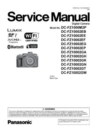 Panasonic lumix dc fz1000m2 fz10002 fz1000 ii service manual cover with picture of the camera, model type and numbers, manual creation date and safety and warning notice.
