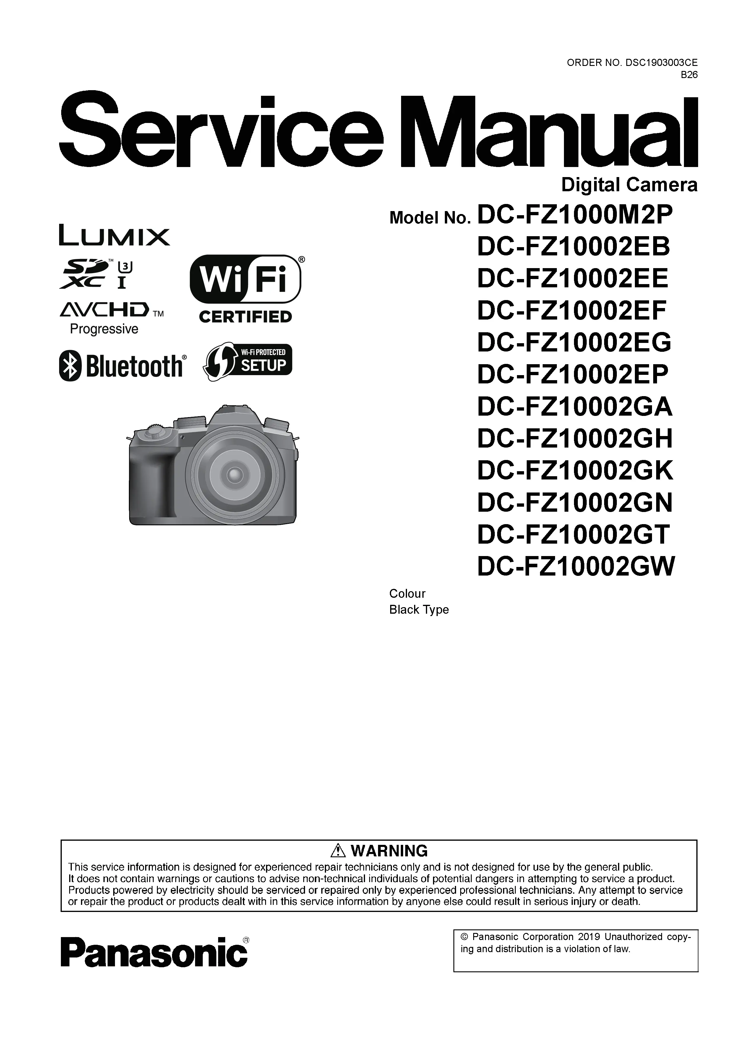 Panasonic lumix dc fz1000m2 fz10002 fz1000 ii service manual cover with picture of the camera, model type and numbers, manual creation date and safety and warning notice.