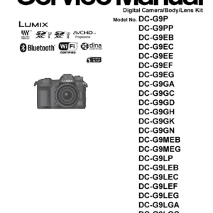Panasonic lumix dc g9 service manual cover with picture of the camera, model type and numbers, manual creation date and safety and warning notice.