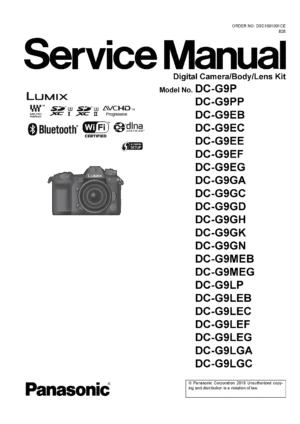 Panasonic lumix dc g9 service manual cover with picture of the camera, model type and numbers, manual creation date and safety and warning notice.