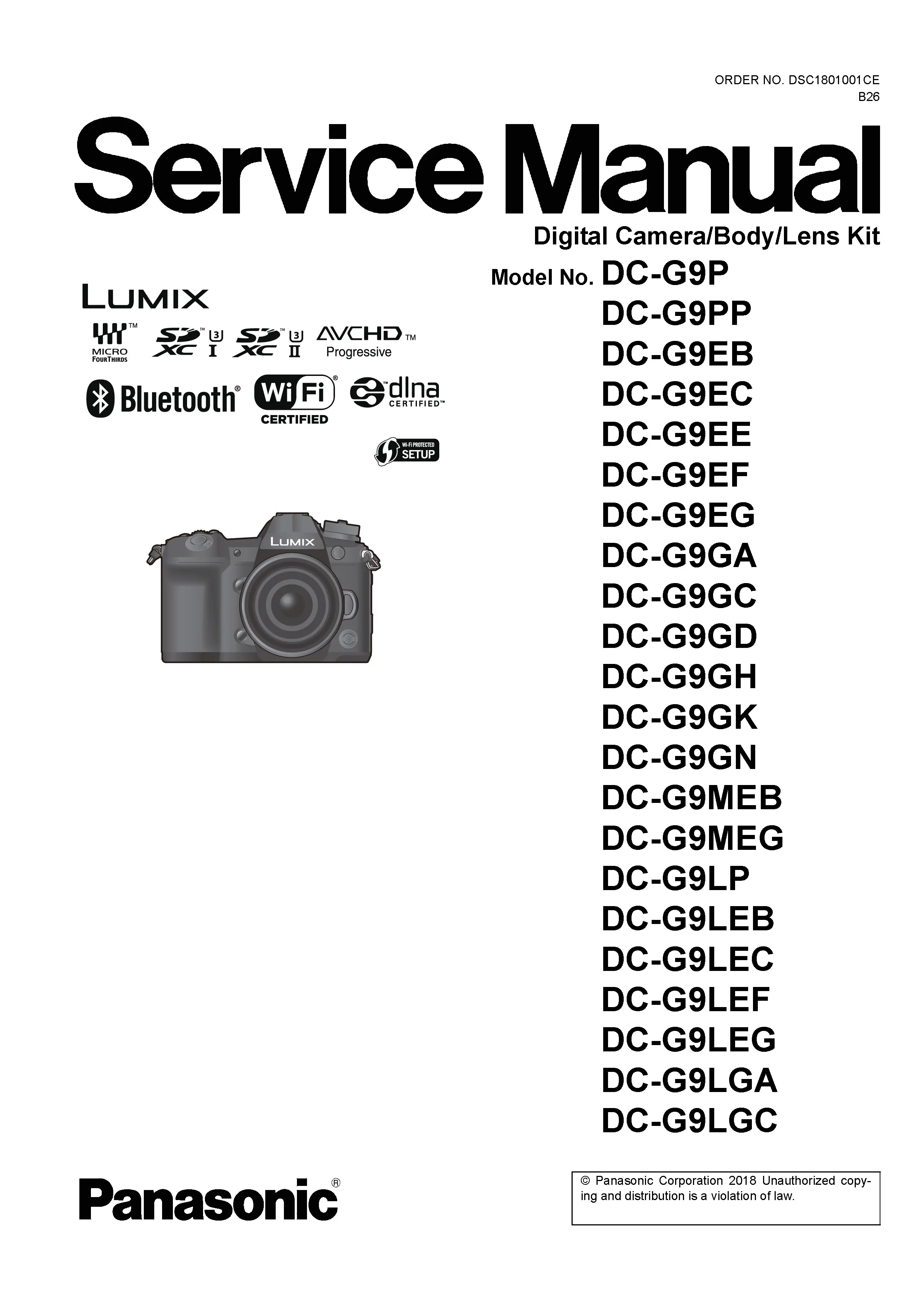 Panasonic lumix dc g9 service manual cover with picture of the camera, model type and numbers, manual creation date and safety and warning notice.