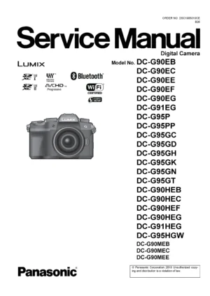 Panasonic lumix dc g90 g91 g95 g90h g90m g95m g95k service manual cover with picture of the camera, model type and numbers, manual creation date and safety and warning notice.