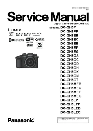 Panasonic lumix dc gh5 gh5s service manual cover with picture of the camera, model type and numbers, manual creation date and safety and warning notice.