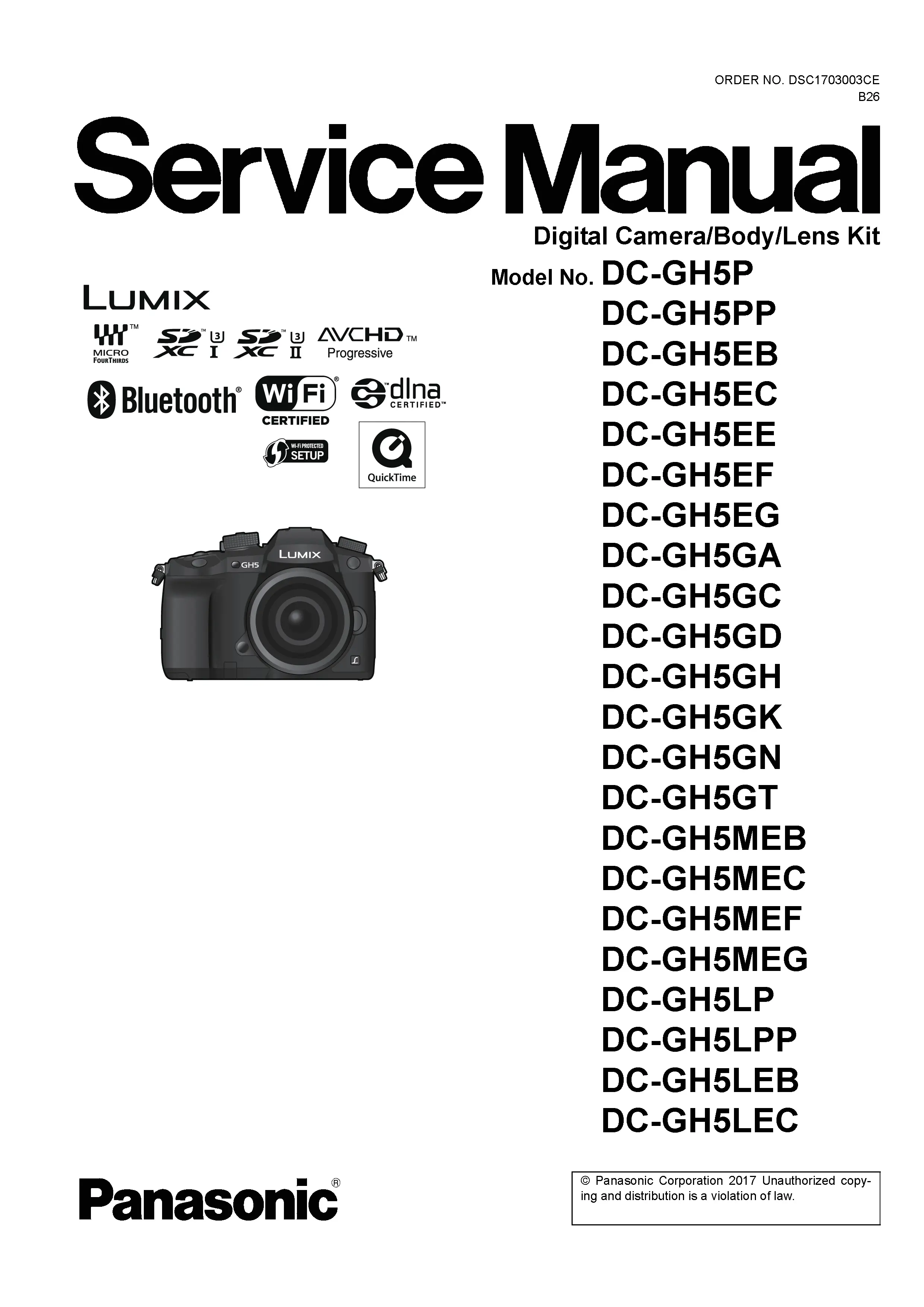 Panasonic lumix dc gh5 gh5s service manual cover with picture of the camera, model type and numbers, manual creation date and safety and warning notice.