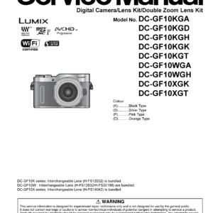 Panasonic lumix dc gx880 gf10 service manual cover with picture of the camera, model type and numbers, manual creation date and safety and warning notice.