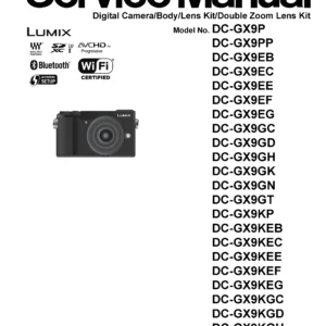 Panasonic lumix dc gx9 gx9k gx9h gx9p service manual cover with picture of the camera, model type and numbers, manual creation date and safety and warning notice.