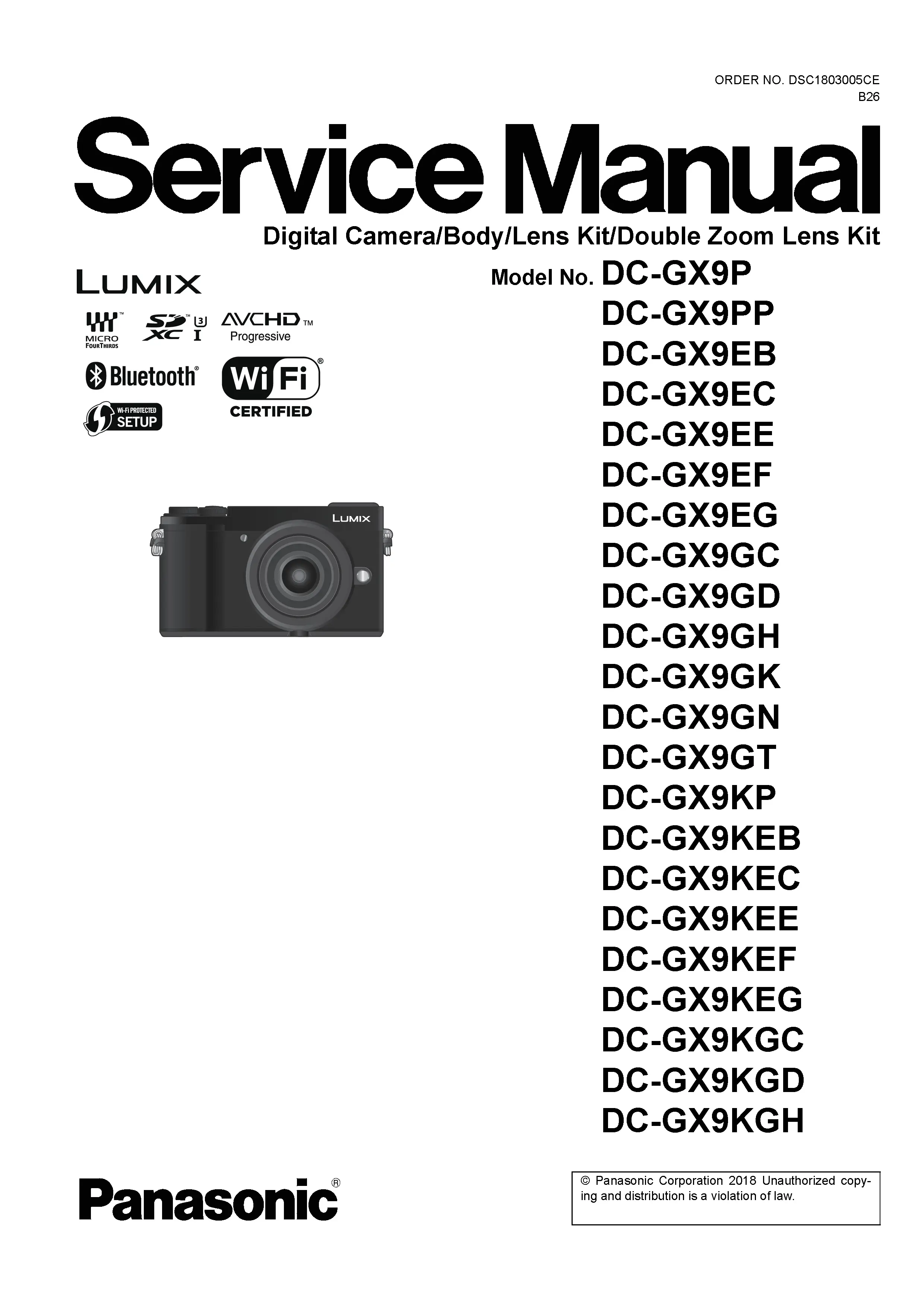 Panasonic lumix dc gx9 gx9k gx9h gx9p service manual cover with picture of the camera, model type and numbers, manual creation date and safety and warning notice.