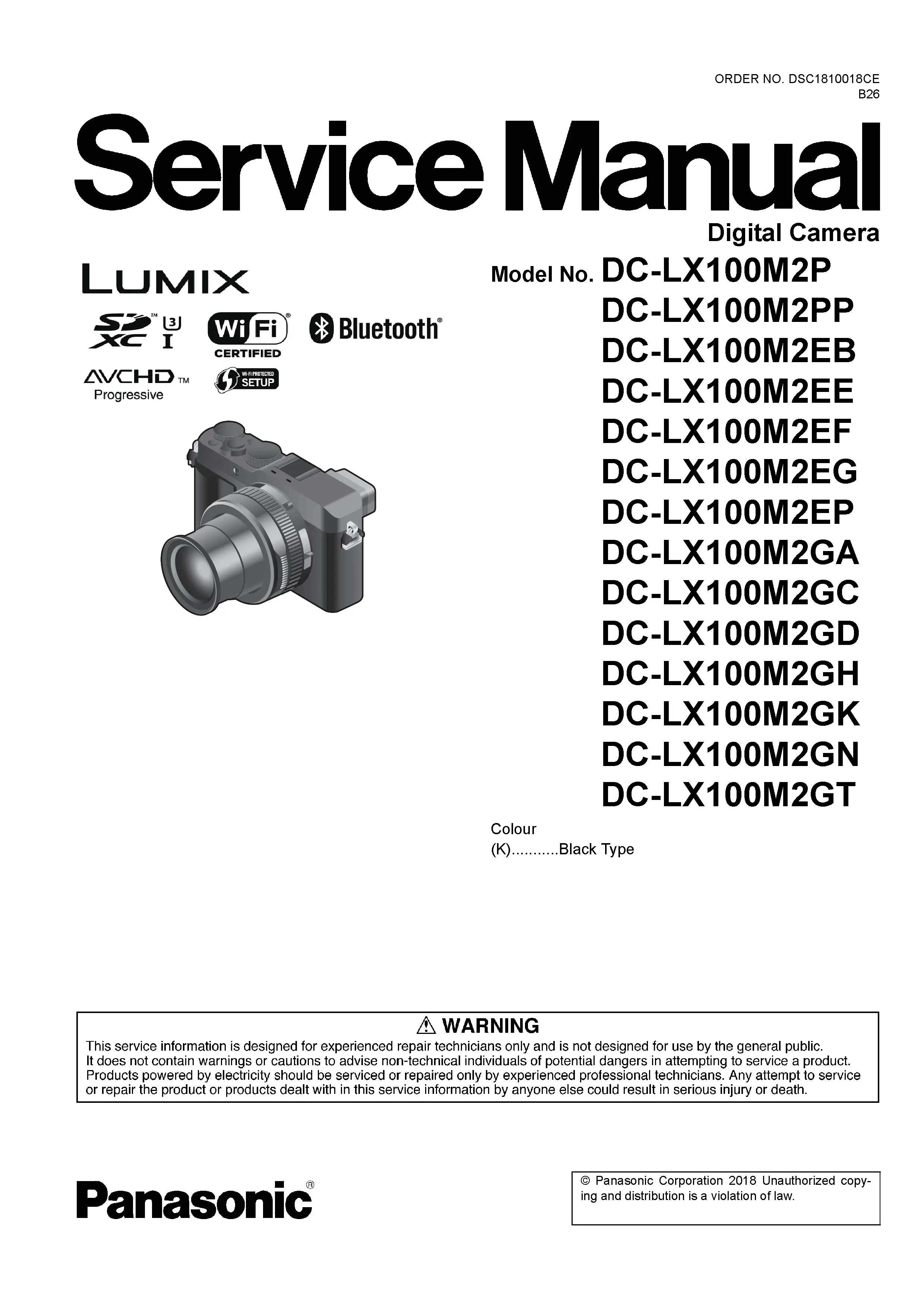 Panasonic lumix dc lx100m2 lx100 ii service manual cover with picture of the camera, model type and numbers, manual creation date and safety and warning notice.