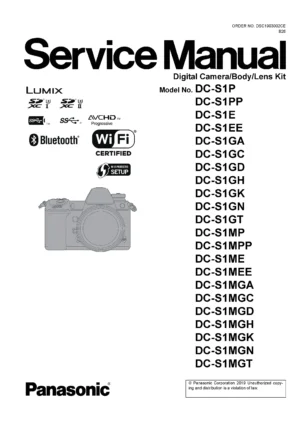 Panasonic lumix dc s1 s1m service manual cover with picture of the camera, model type and numbers, manual creation date and safety and warning notice.
