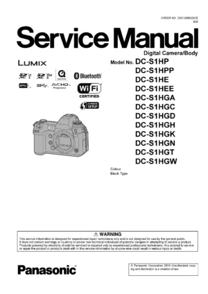 Panasonic lumix dc s1h service manual cover with picture of the camera, model type and numbers, manual creation date and safety and warning notice.