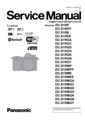 Panasonic lumix dc s1r s1rm service manual cover with picture of the camera, model type and numbers, manual creation date and safety and warning notice.