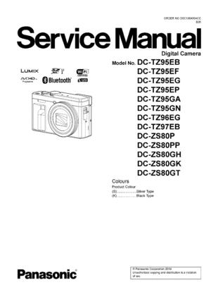 Panasonic lumix dc tz95 tz96 tz97 zs80 service manual cover with picture of the camera, model type and numbers, manual creation date and safety and warning notice.